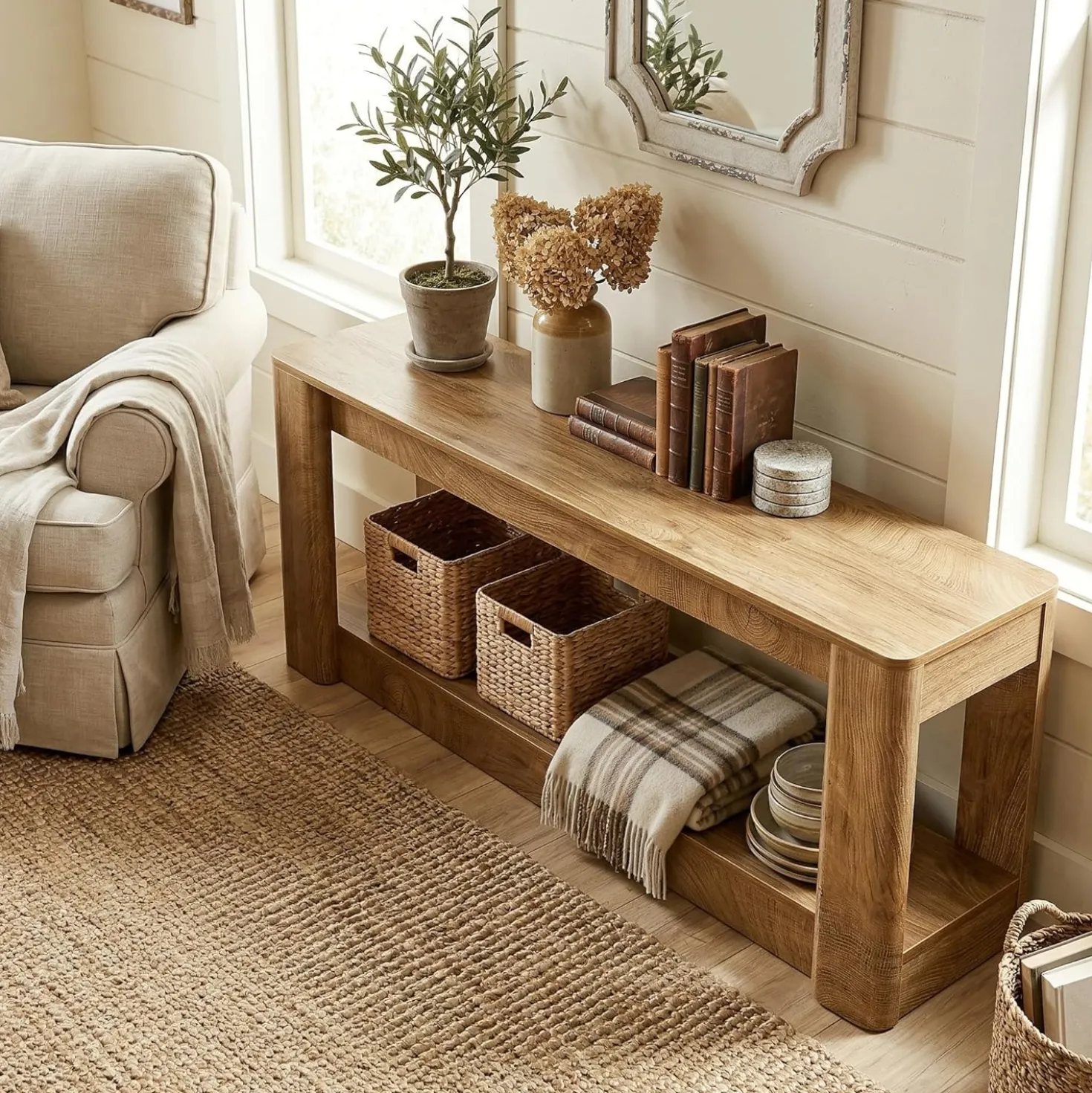 63" Farmhouse Console Table, Narrow Entryway & Sofa Table with Open Lower Shelf