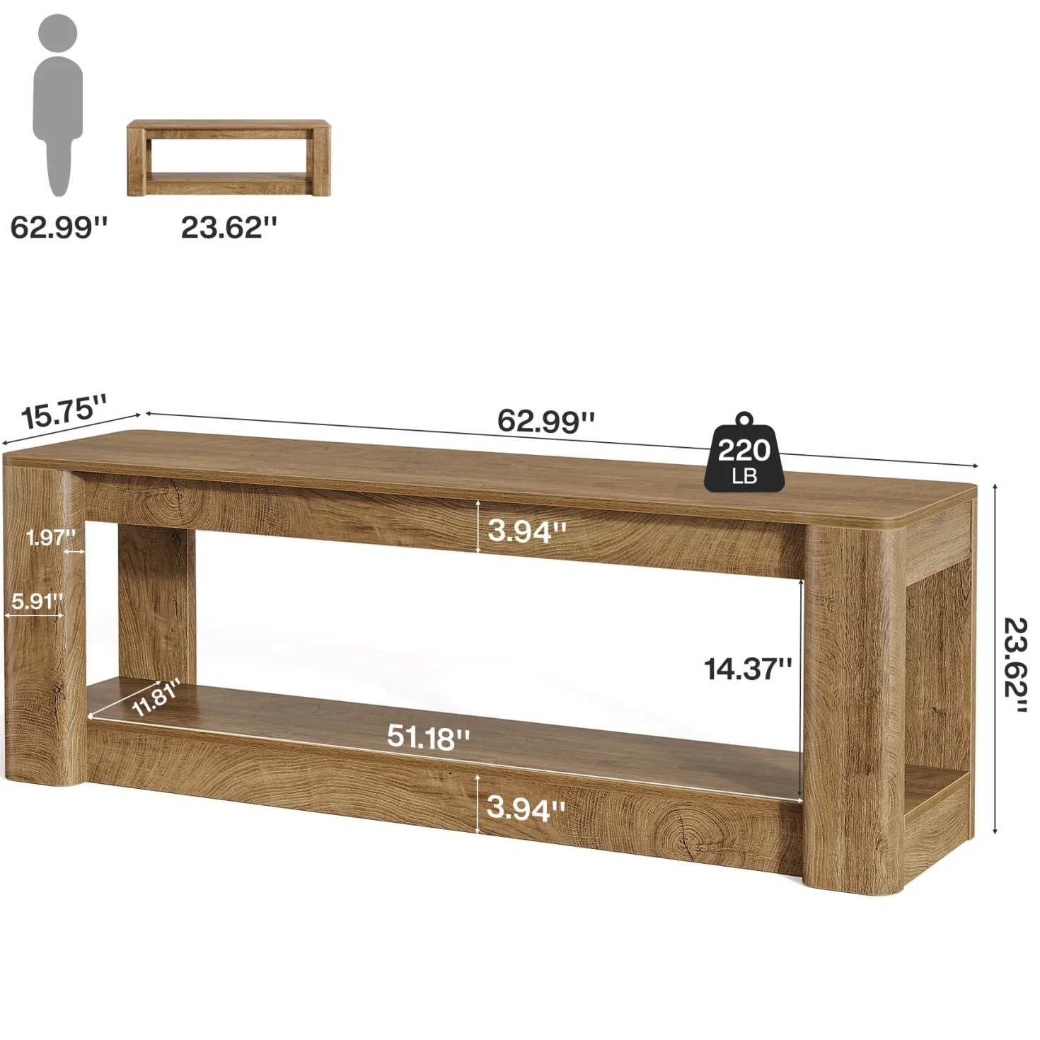 63" Farmhouse Console Table, Narrow Entryway & Sofa Table with Open Lower Shelf