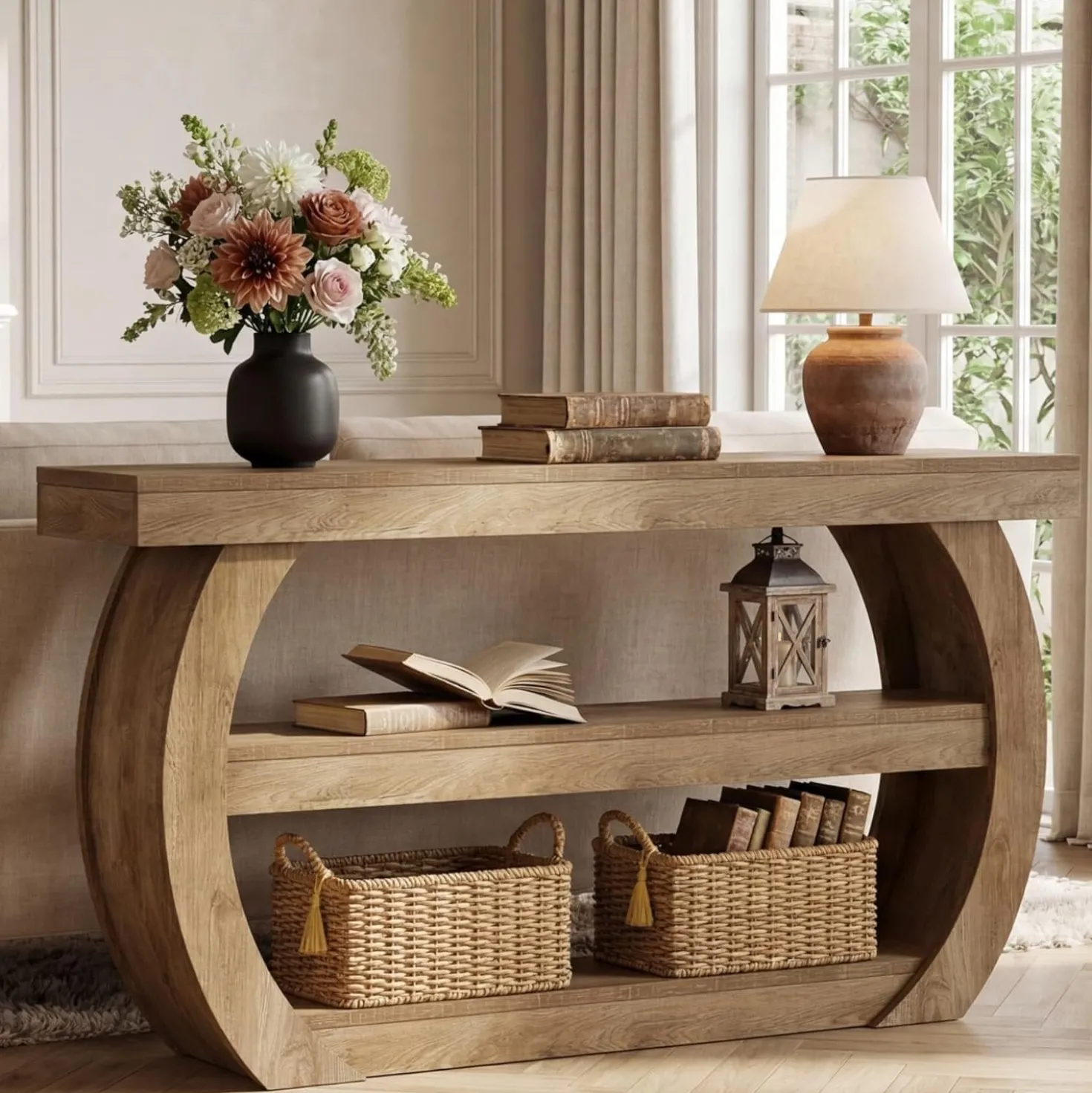 63" Farmhouse Console Table, 3-Tier Wooden Entryway Table Sofa Console