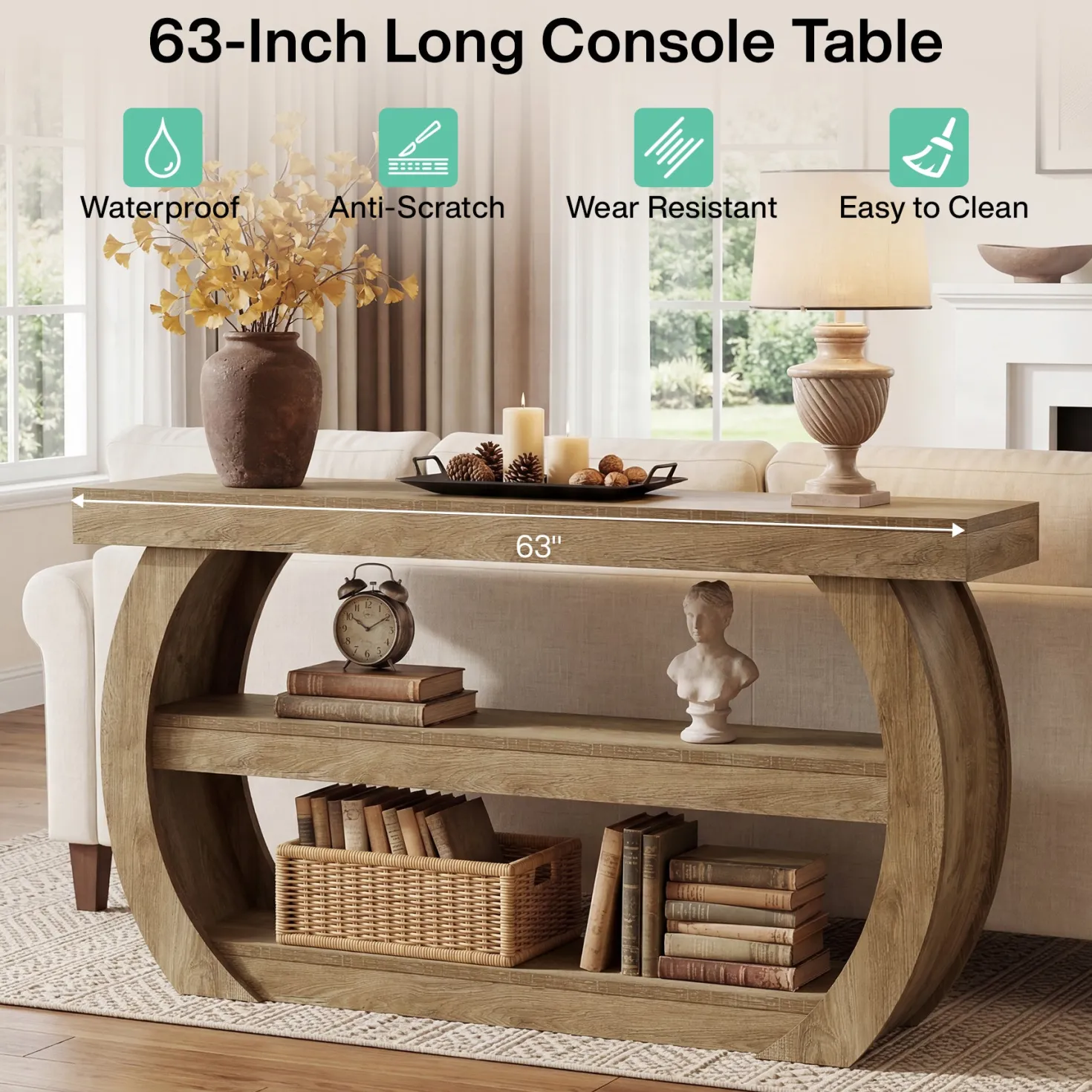 63" Farmhouse Console Table, 3-Tier Wooden Entryway Table Sofa Console