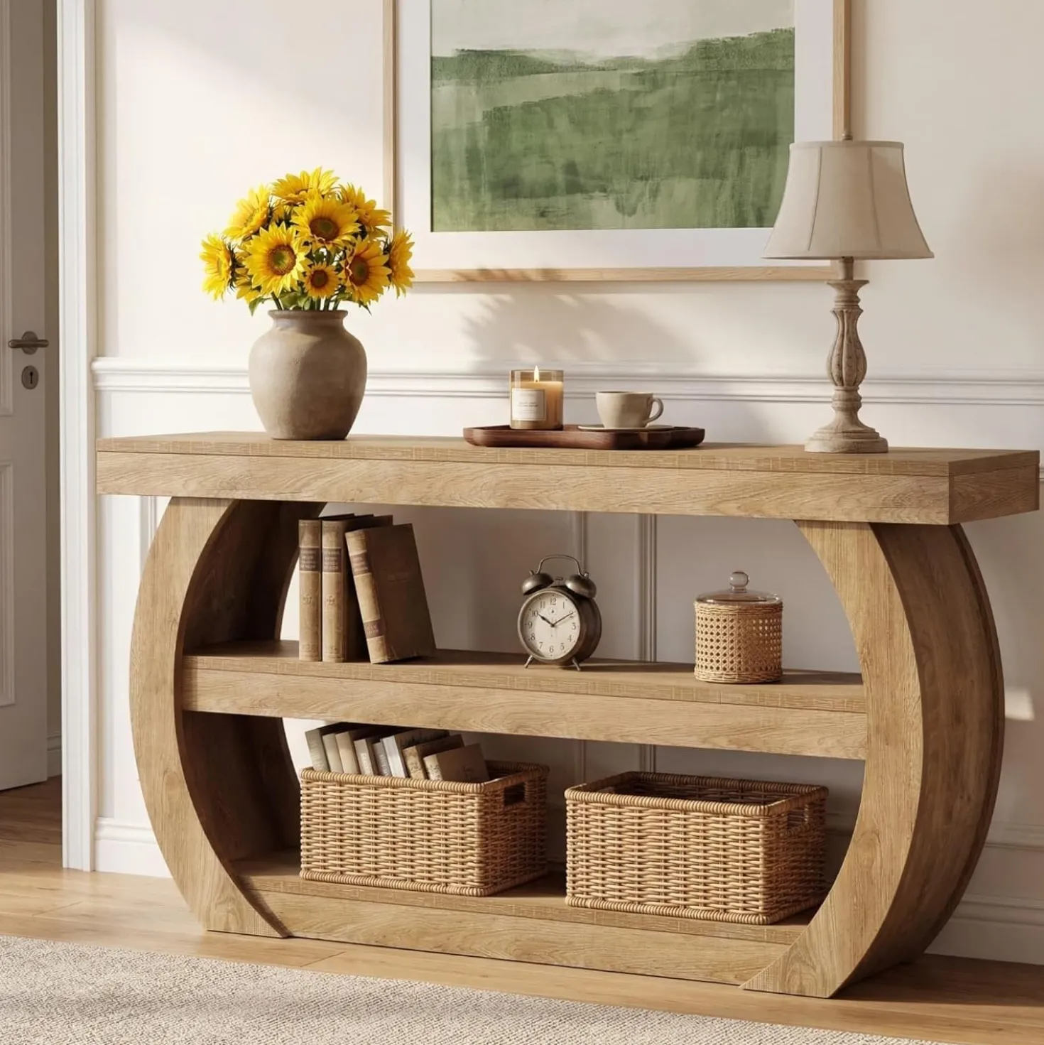 63" Farmhouse Console Table, 3-Tier Wooden Entryway Table Sofa Console