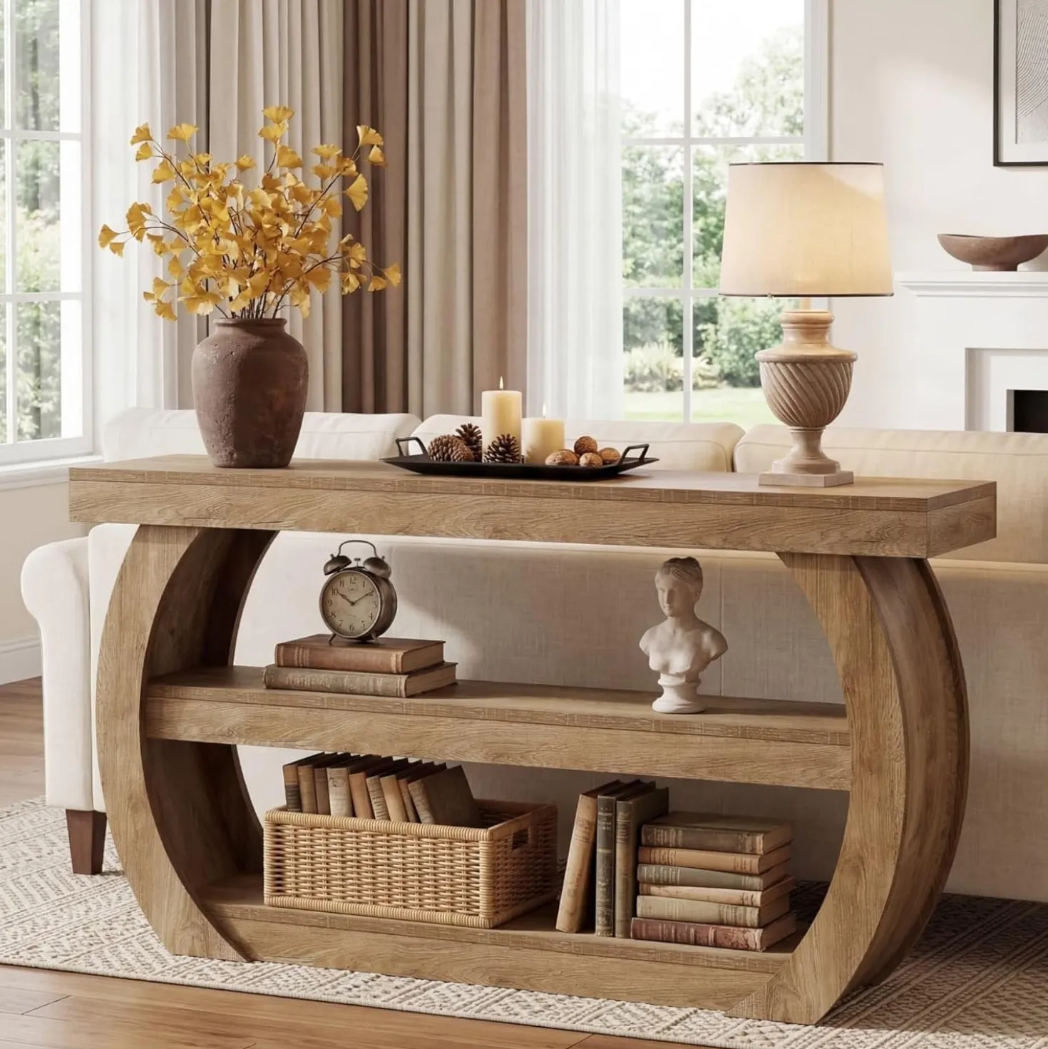 63" Farmhouse Console Table, 3-Tier Wooden Entryway Table Sofa Console