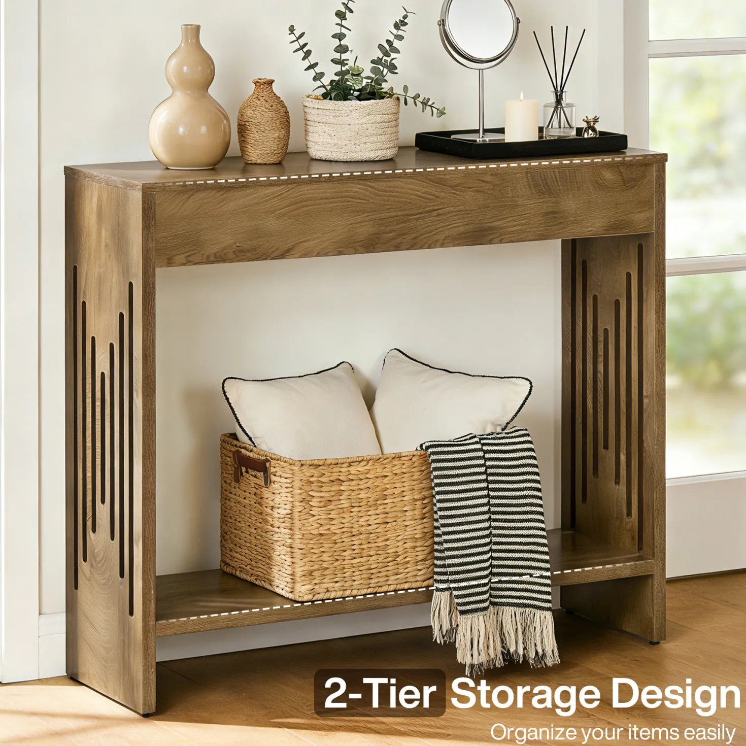 41.3" Farmhouse Console Table with 2-Tier Shelf, Narrow Sofa Table with Fluted Legs for Entryway or Behind Couch
