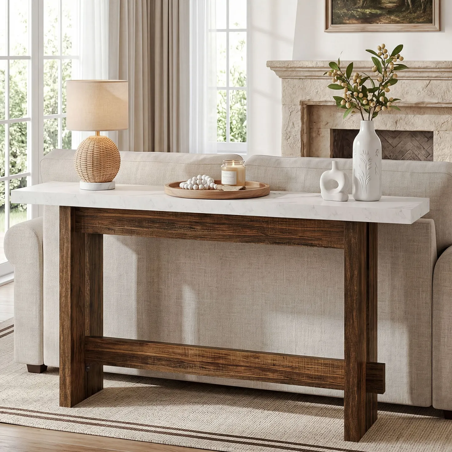 63" Farmhouse Console Table with Faux Marble Top, Narrow Sofa & Entryway Table for Behind Couch