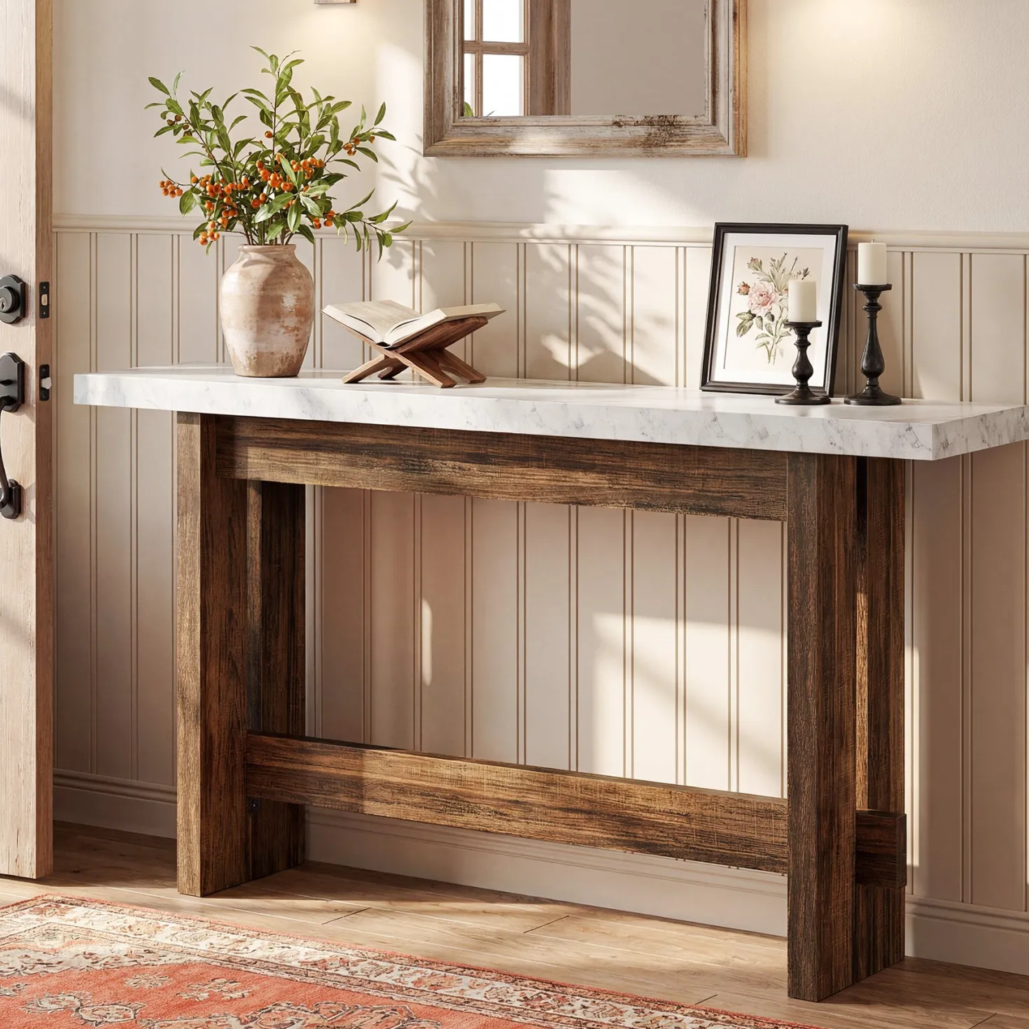 63" Farmhouse Console Table with Faux Marble Top, Narrow Sofa & Entryway Table for Behind Couch