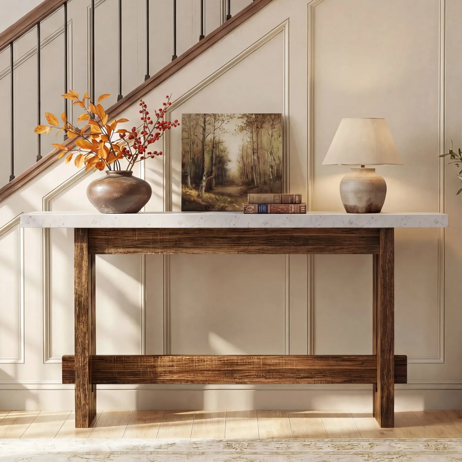 63" Farmhouse Console Table with Faux Marble Top, Narrow Sofa & Entryway Table for Behind Couch