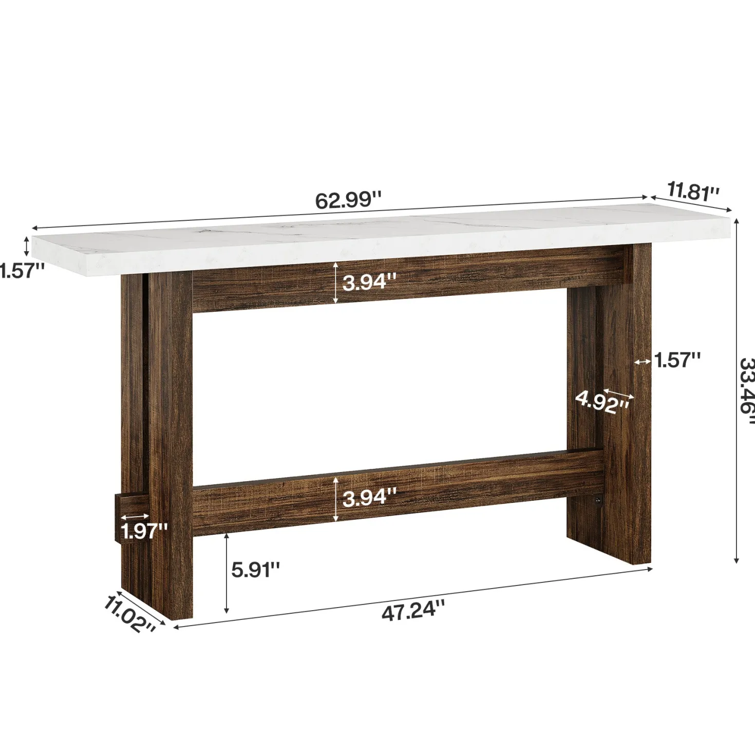63" Farmhouse Console Table with Faux Marble Top, Narrow Sofa & Entryway Table for Behind Couch