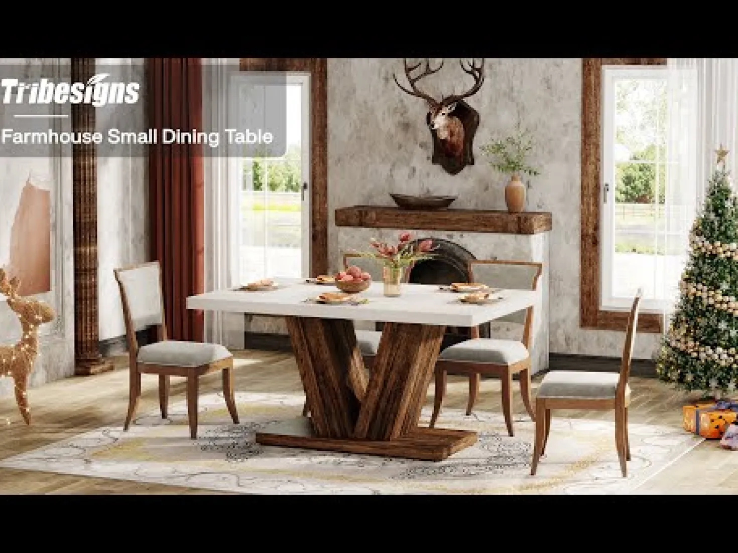 47" Farmhouse Dining Table, Kitchen Dinner Table with Duty Pedestal for 4 People