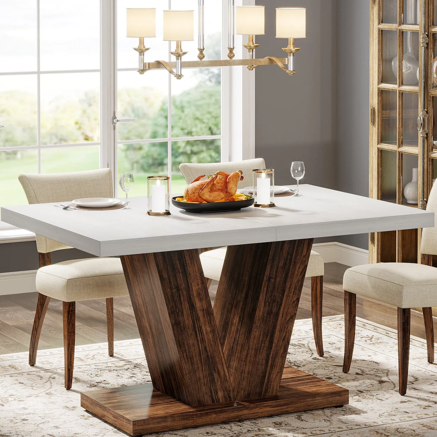47" Farmhouse Dining Table, Kitchen Dinner Table with Duty Pedestal for 4 People