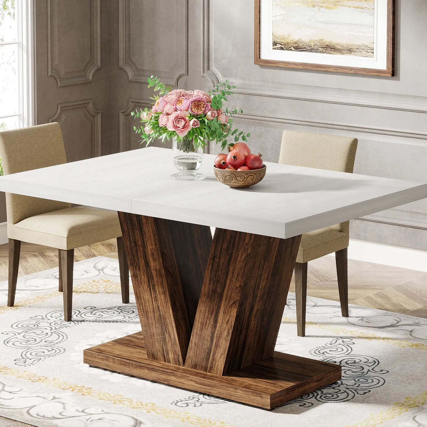 47" Farmhouse Dining Table, Kitchen Dinner Table with Duty Pedestal for 4 People