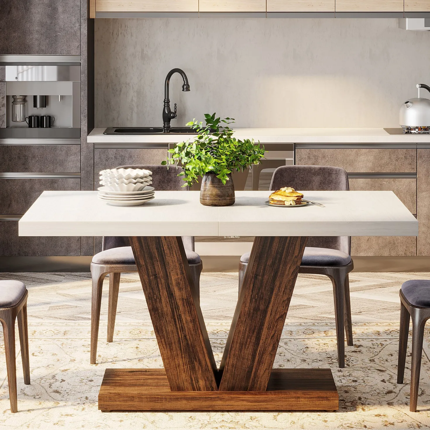 47" Farmhouse Dining Table, Kitchen Dinner Table with Duty Pedestal for 4 People