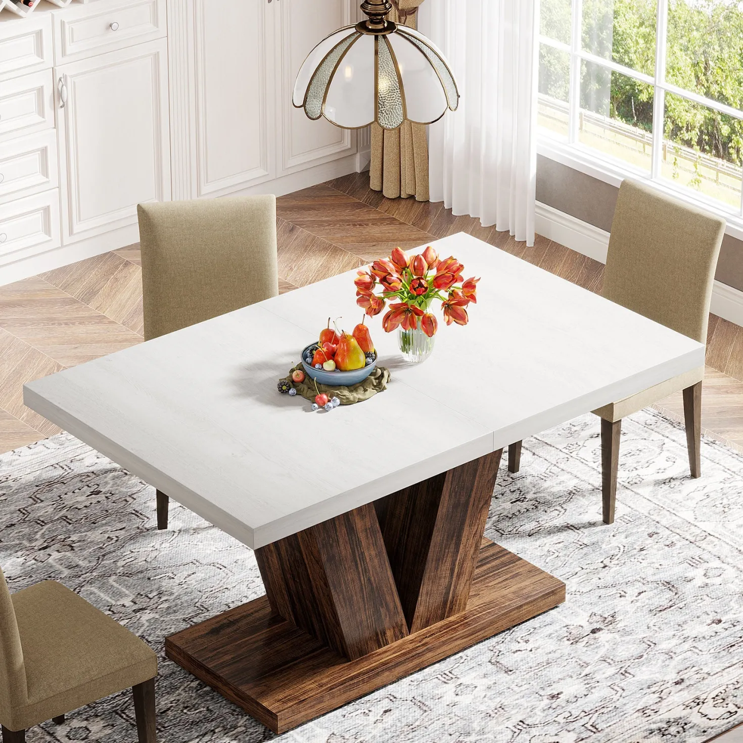 47" Farmhouse Dining Table, Kitchen Dinner Table with Duty Pedestal for 4 People