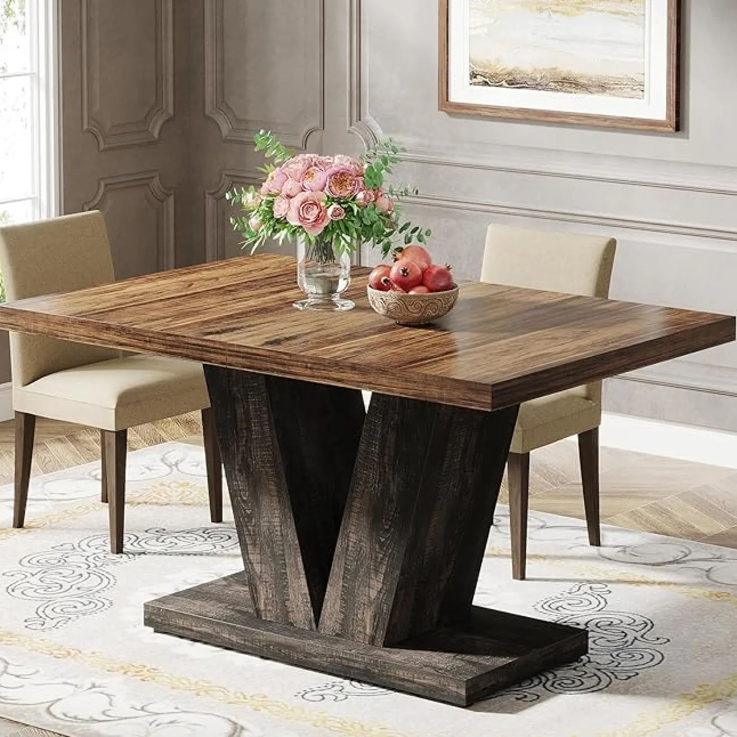 47" Farmhouse Dining Table, Kitchen Dinner Table with Duty Pedestal for 4 People