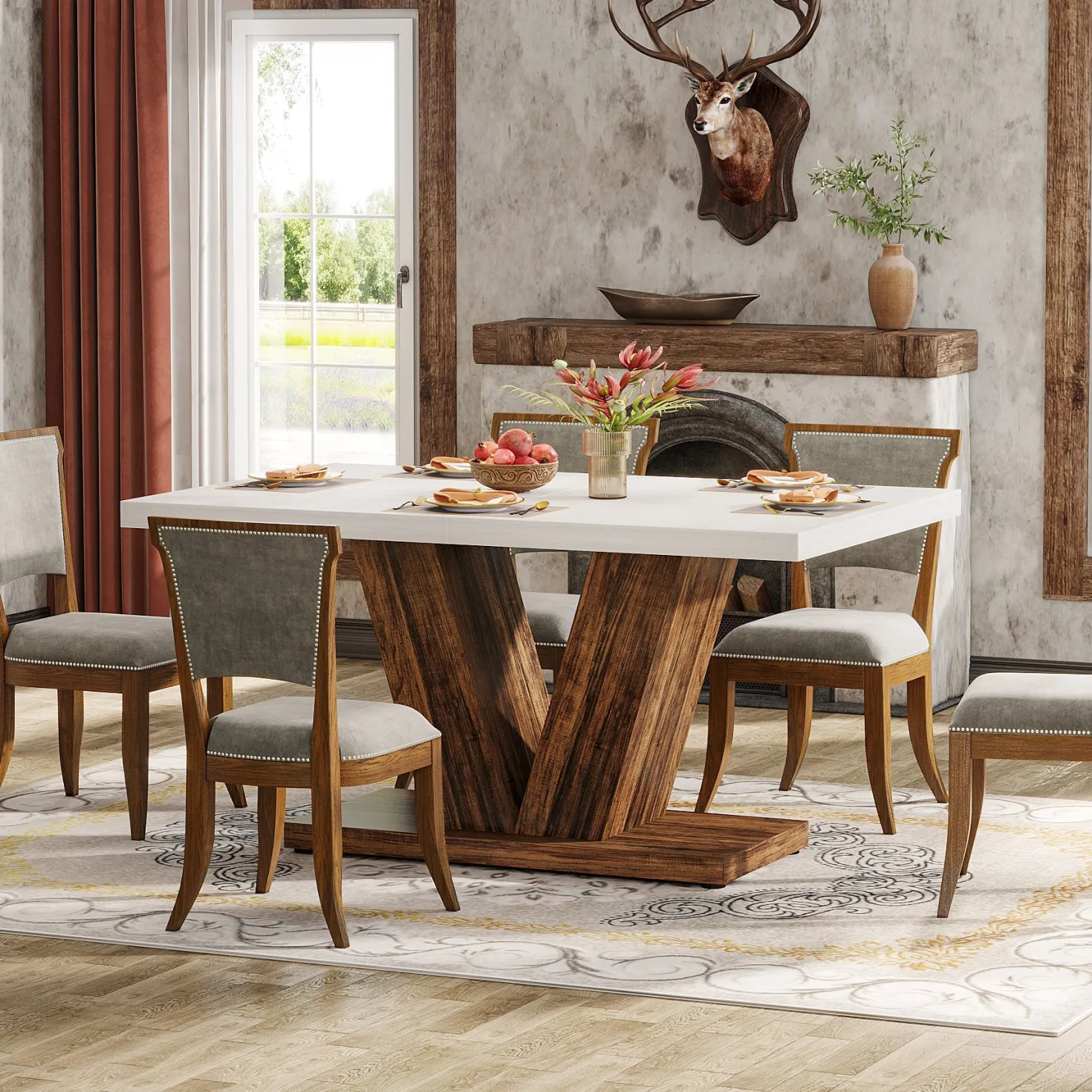 47" Farmhouse Dining Table, Kitchen Dinner Table with Duty Pedestal for 4 People