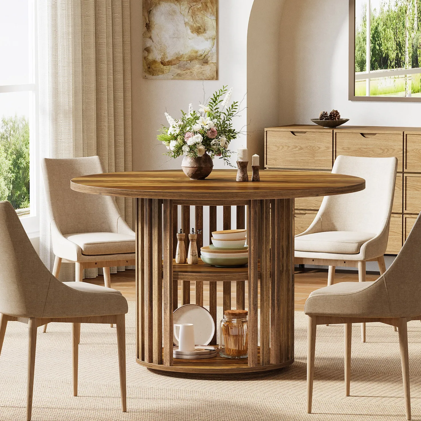 47" Farmhouse Dining Table, Round Kitchen Table with 2-Tier Storage Shelf