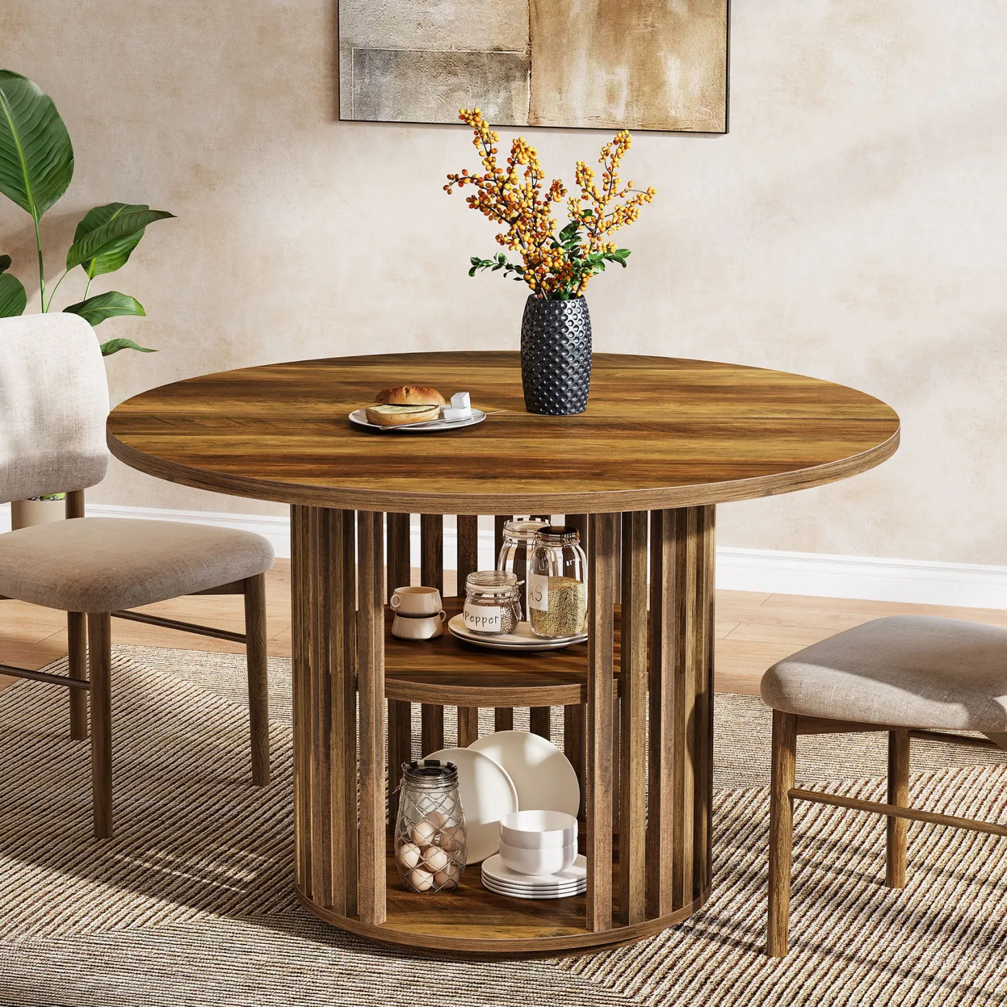 47" Farmhouse Dining Table, Round Kitchen Table with 2-Tier Storage Shelf