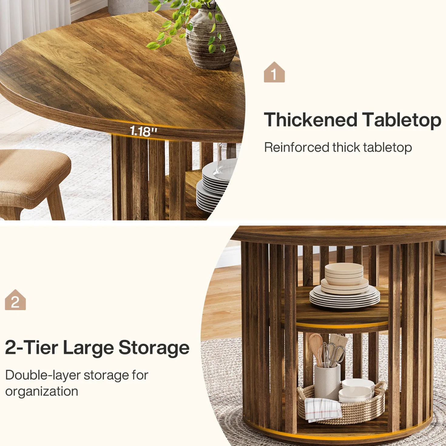 47" Farmhouse Dining Table, Round Kitchen Table with 2-Tier Storage Shelf
