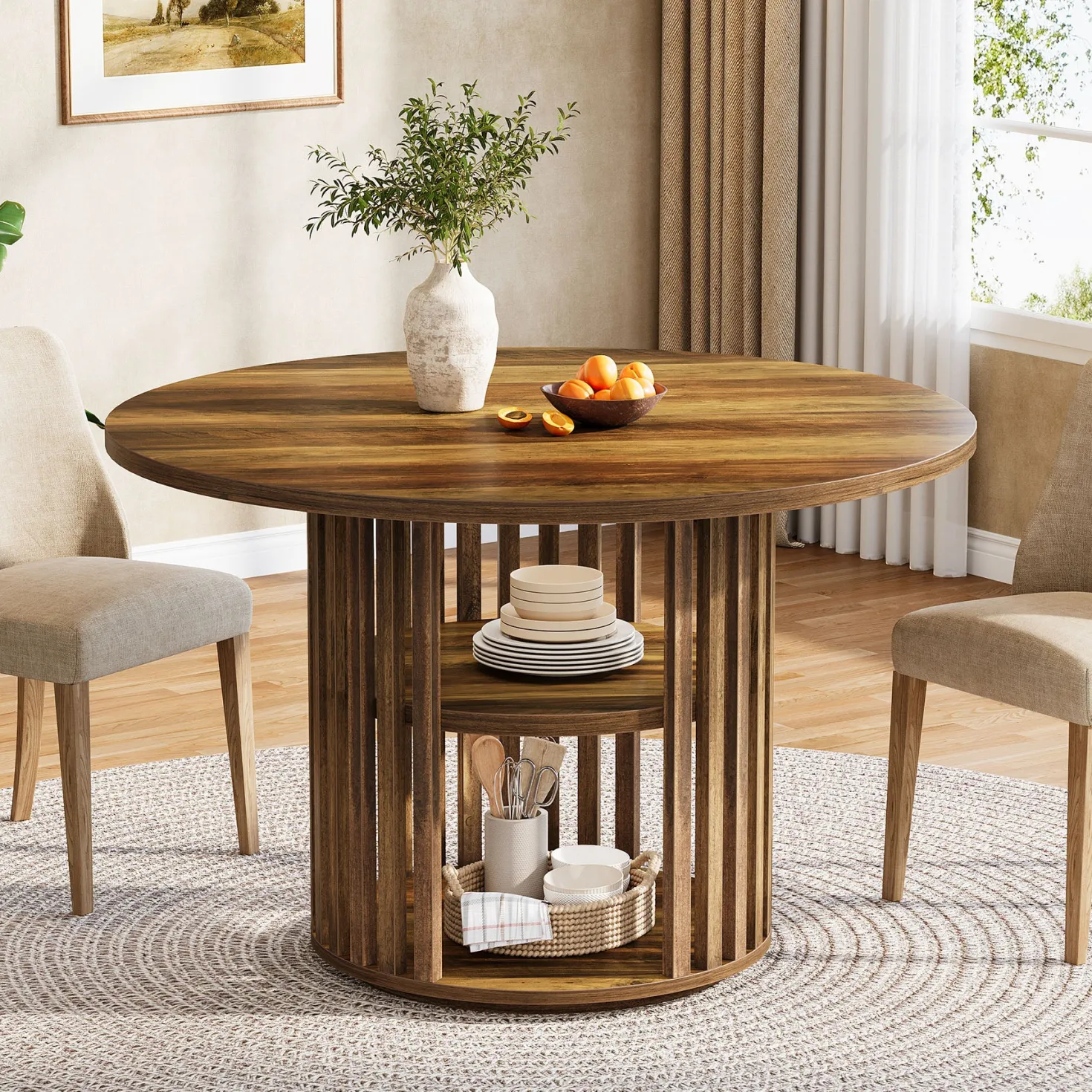 47" Farmhouse Dining Table, Round Kitchen Table with 2-Tier Storage Shelf