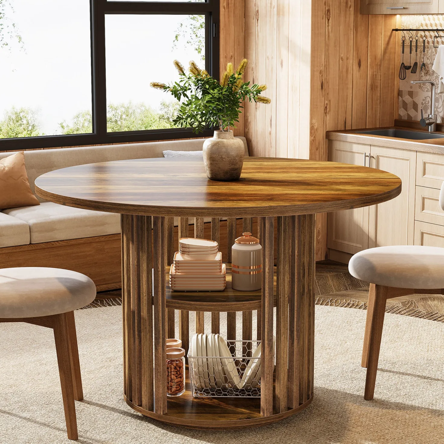 47" Farmhouse Dining Table, Round Kitchen Table with 2-Tier Storage Shelf