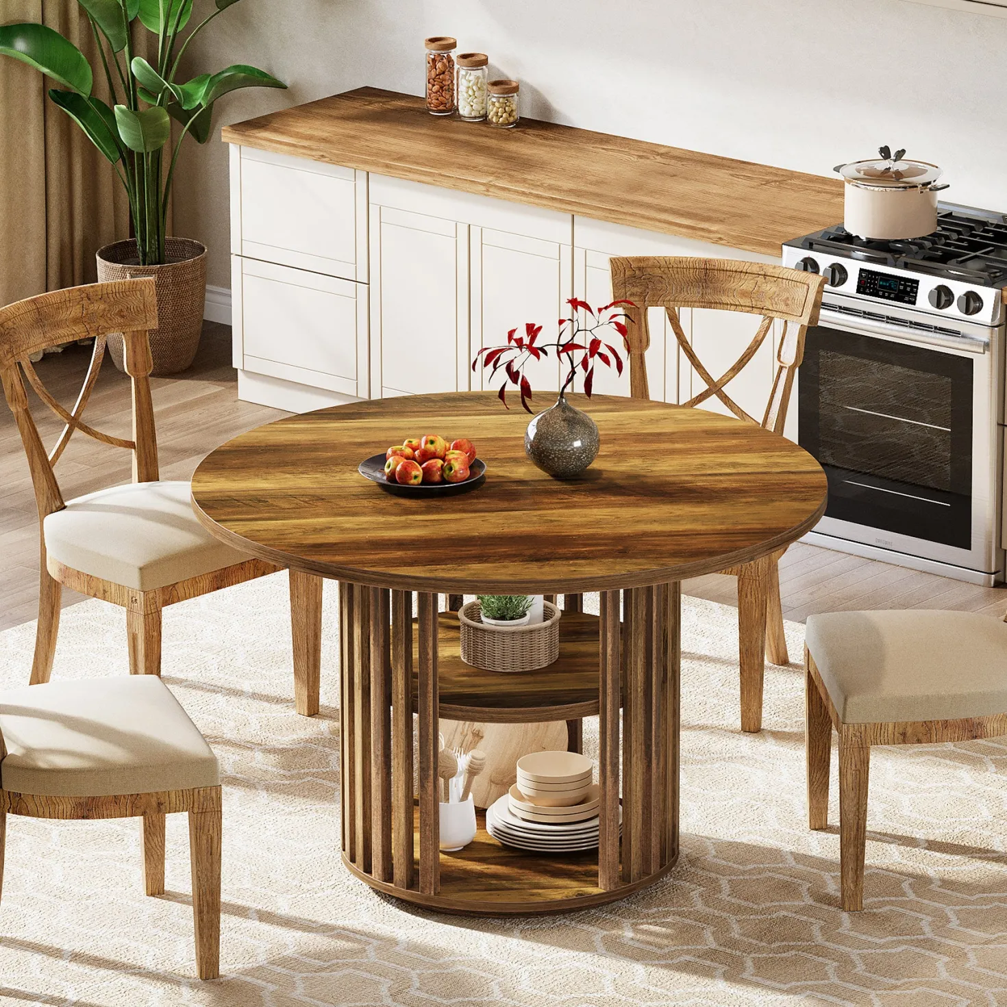 47" Farmhouse Dining Table, Round Kitchen Table with 2-Tier Storage Shelf