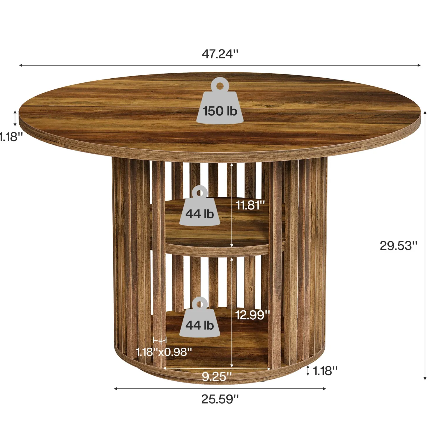 47" Farmhouse Dining Table, Round Kitchen Table with 2-Tier Storage Shelf