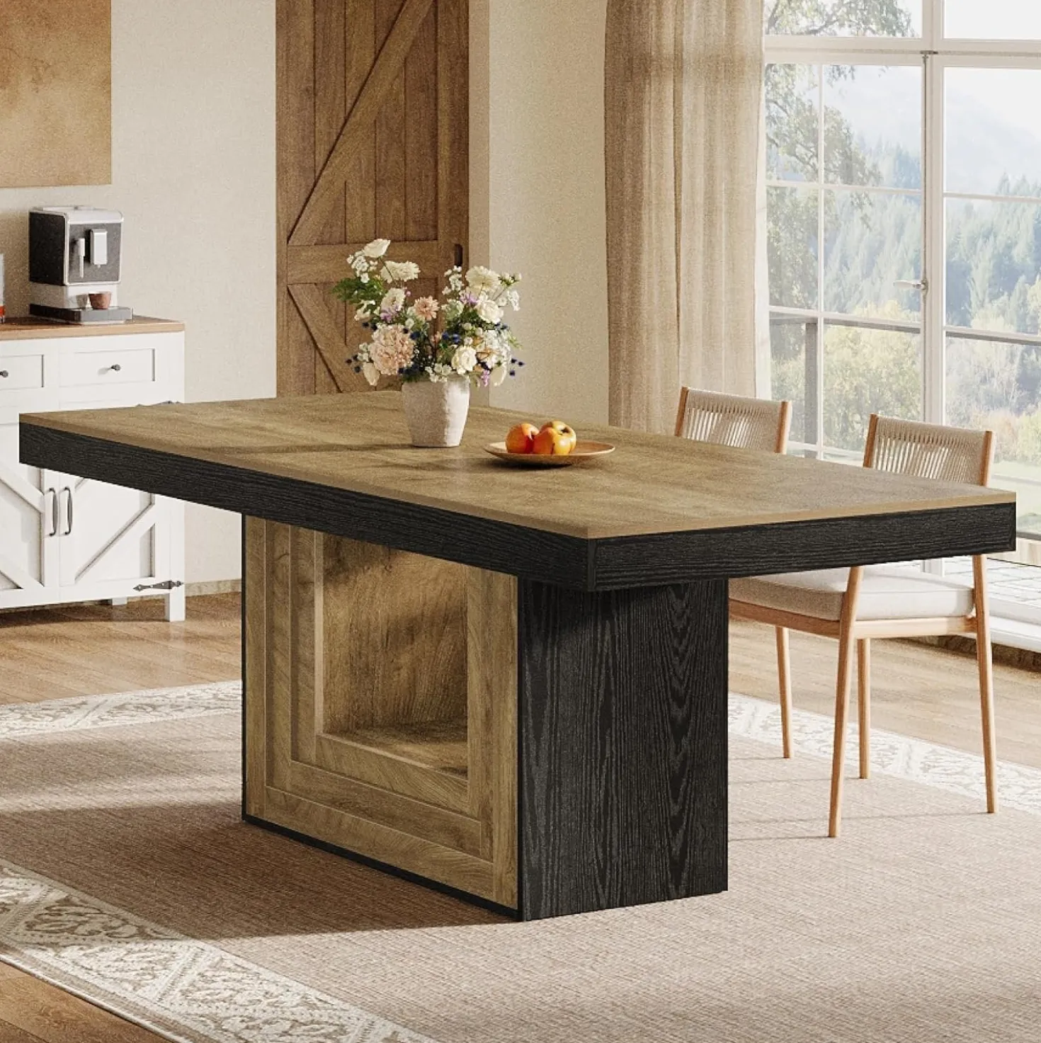 63" Farmhouse Dining Table, Rectangle Kitchen Dinner Table for 4-6 People
