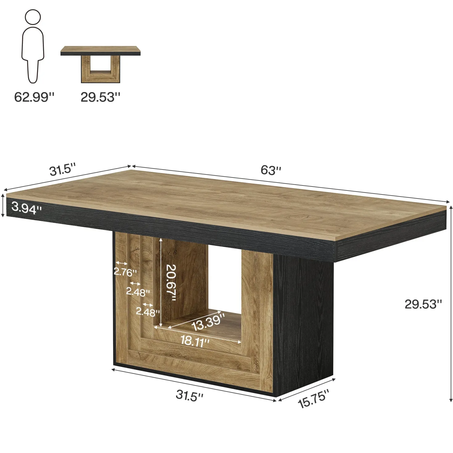 63" Farmhouse Dining Table, Rectangle Kitchen Dinner Table for 4-6 People