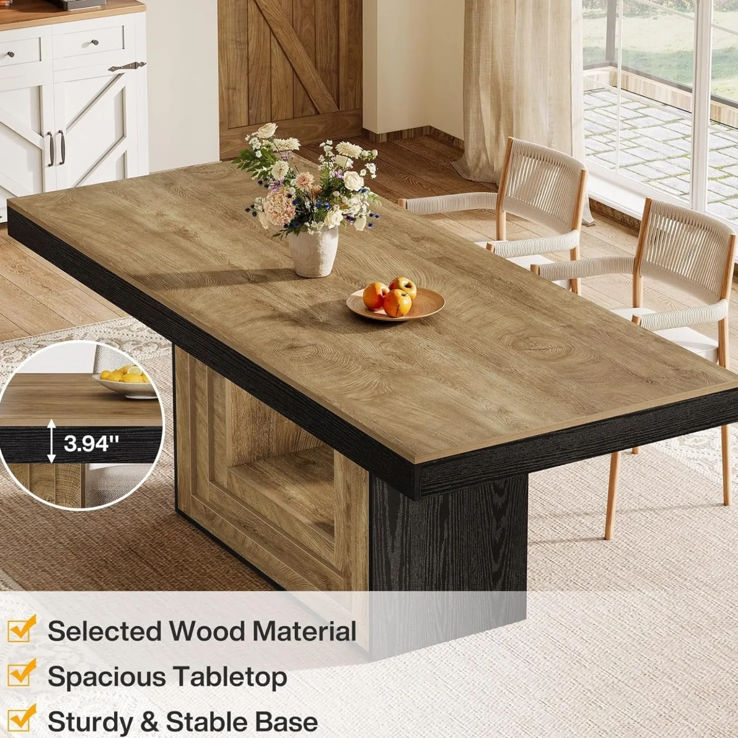 63" Farmhouse Dining Table, Rectangle Kitchen Dinner Table for 4-6 People