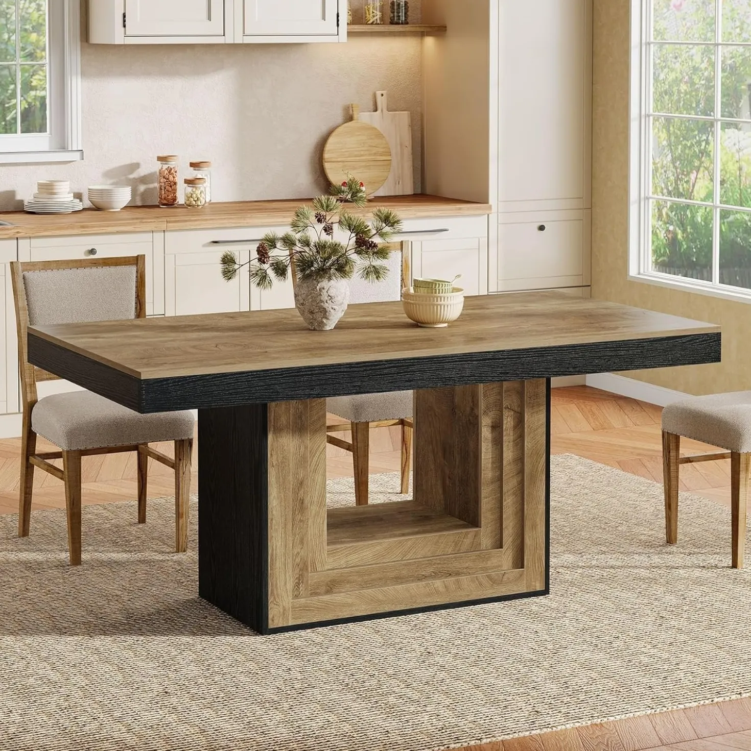 63" Farmhouse Dining Table, Rectangle Kitchen Dinner Table for 4-6 People