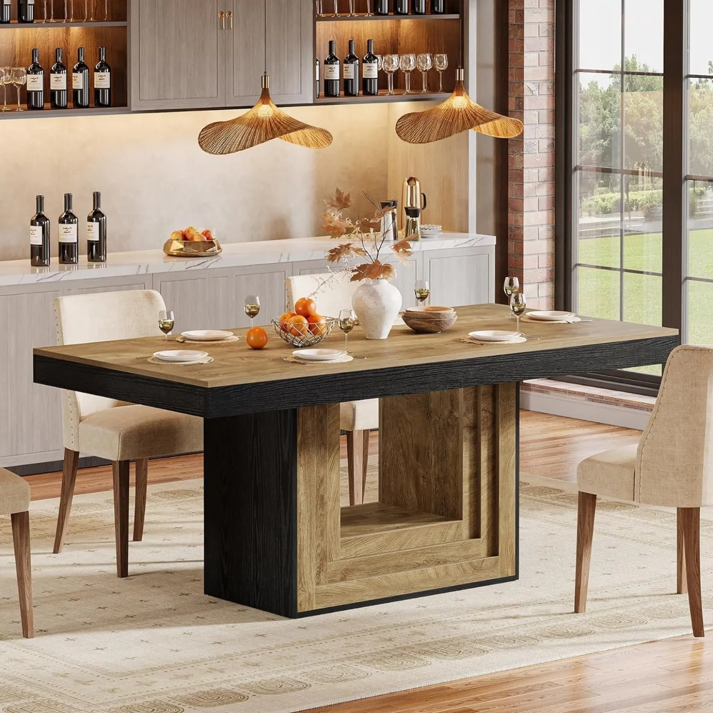 63" Farmhouse Dining Table, Rectangle Kitchen Dinner Table for 4-6 People