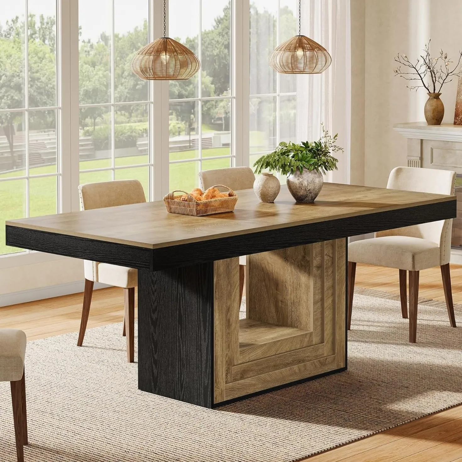 63" Farmhouse Dining Table, Rectangle Kitchen Dinner Table for 4-6 People
