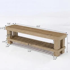 63" Farmhouse Entryway Shoe Bench, Long Dining Bench Seat with Slatted Shelf