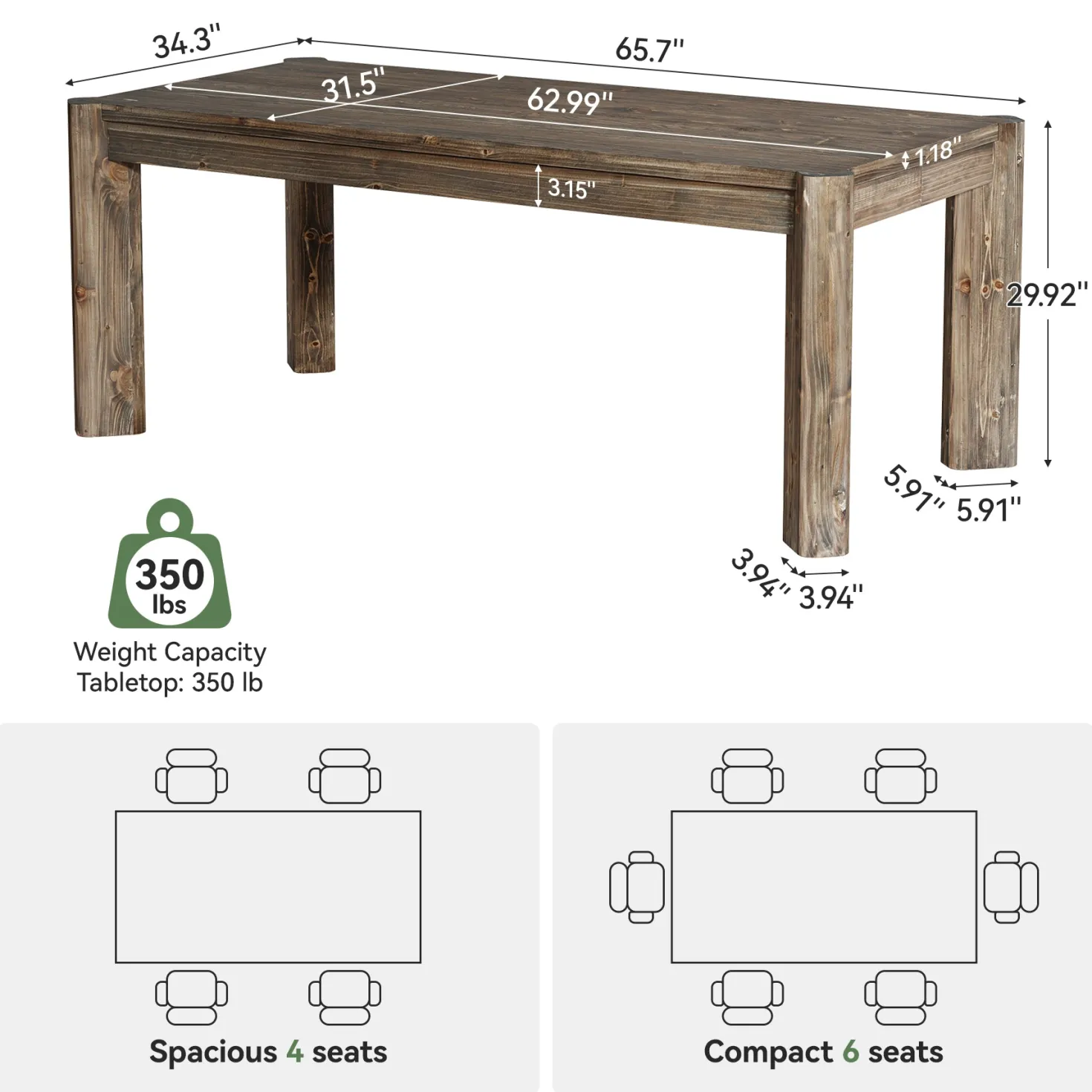 63" Farmhouse Executive Desk, Solid Wood Office Computer Desk