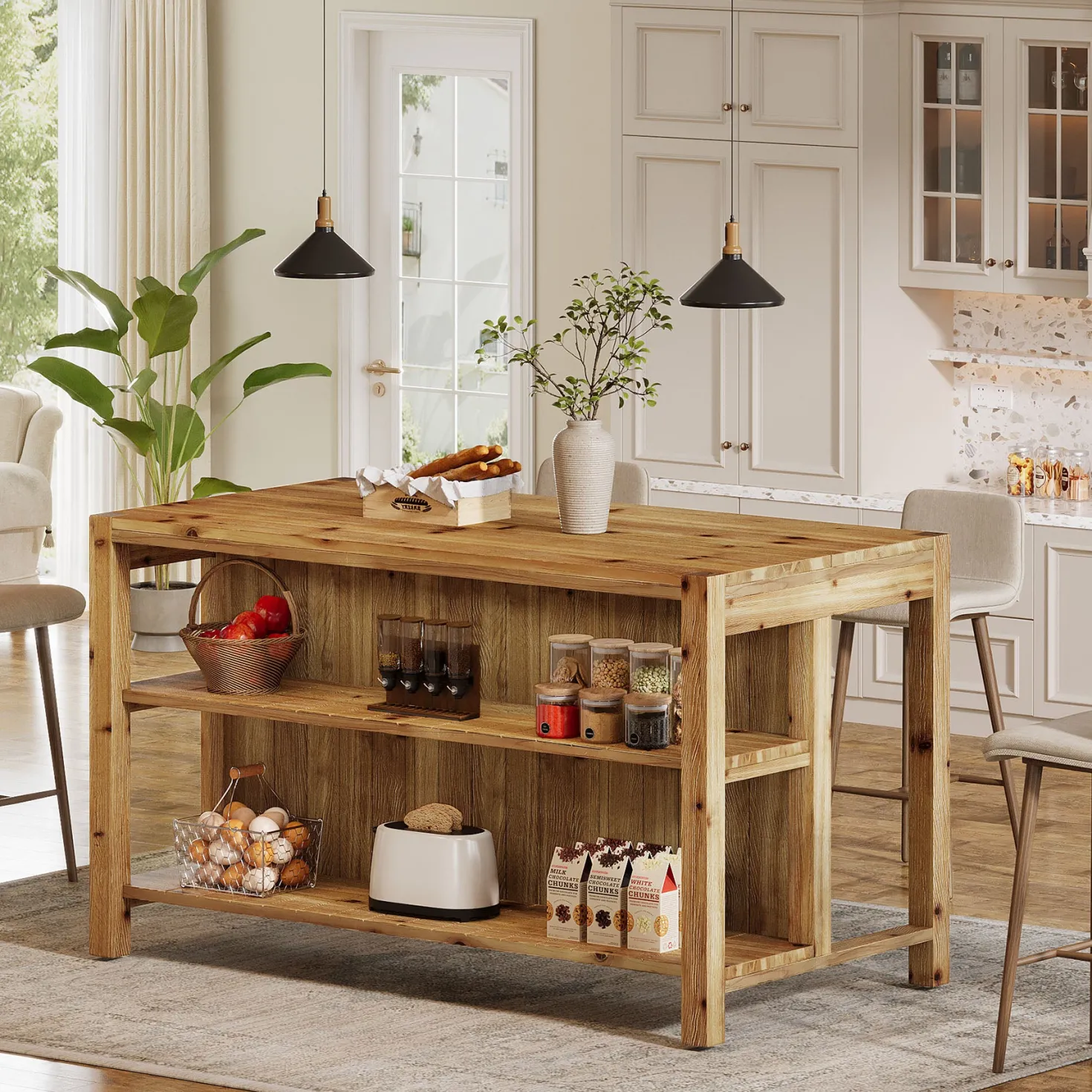 59" Farmhouse Kitchen Island, Solid Wood Dining Prep Table With 2 Open Storage Shelves