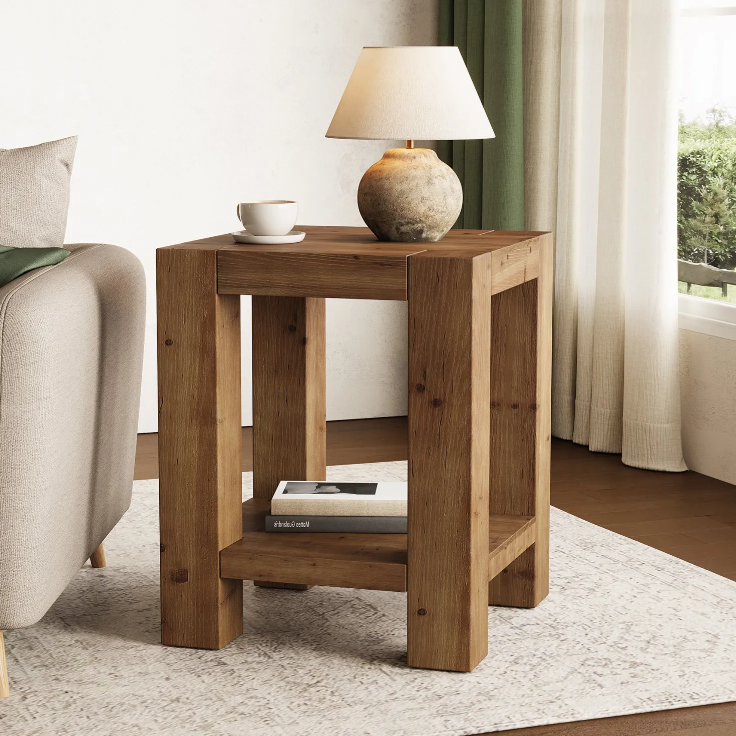 19.6" Farmhouse Side Table, Solid Wood 2-Tier End Table with Storage Shelves
