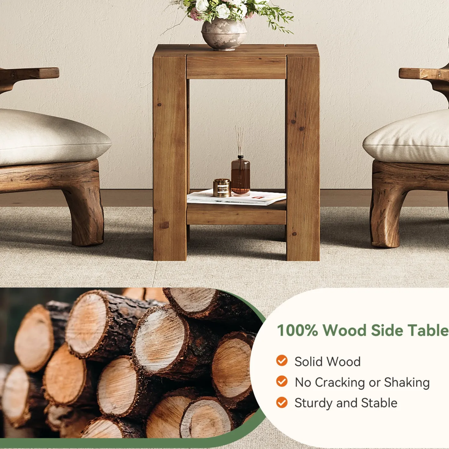 19.6" Farmhouse Side Table, Solid Wood 2-Tier End Table with Storage Shelves