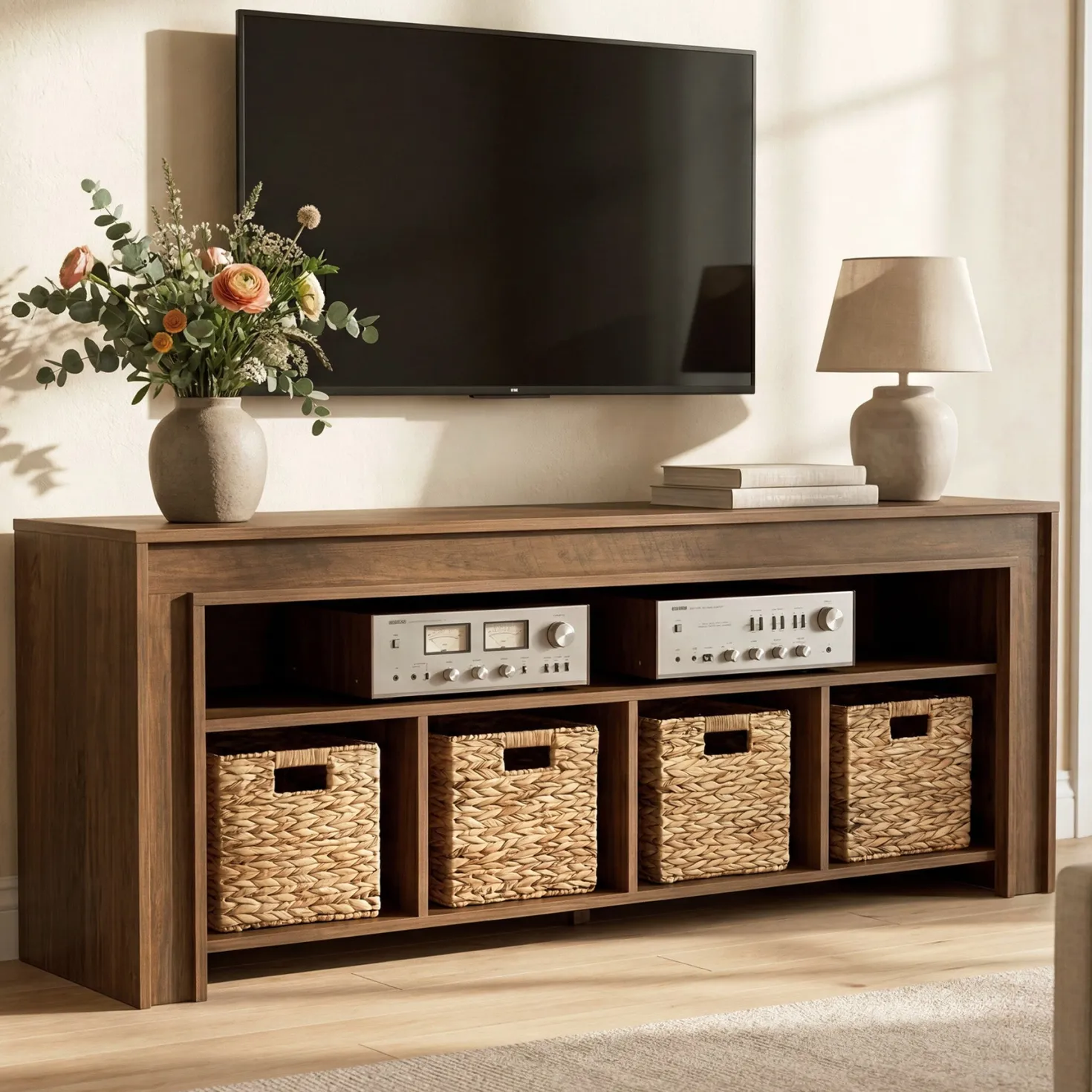 63" Farmhouse TV Stand for 55–70 Inch TVs, Media Console with Baskets & Open Storage