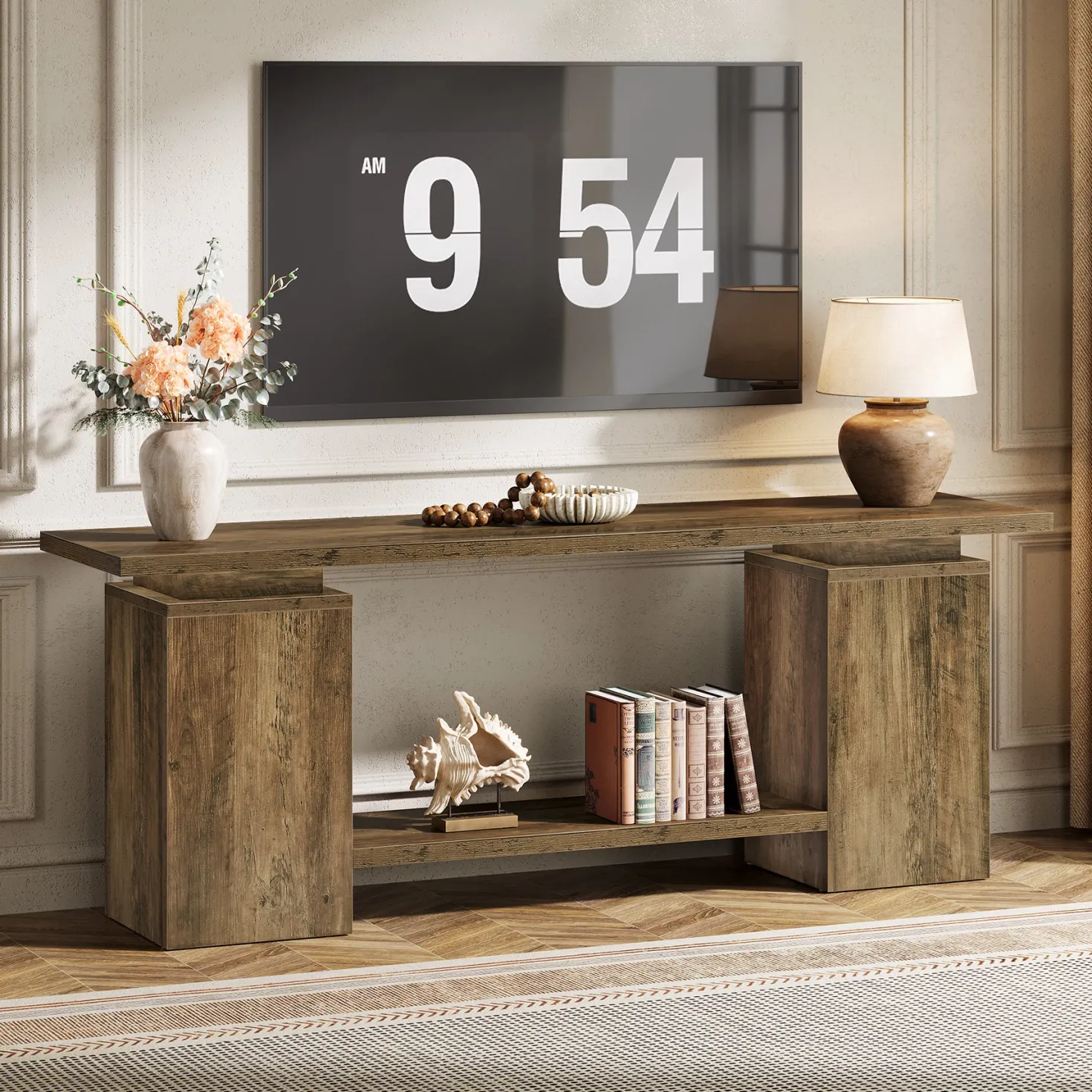 63" Farmhouse TV Stand for up to 65" TVs, Rustic Wood Media Console with Open Shelf, Heavy-Duty Entertainment Center