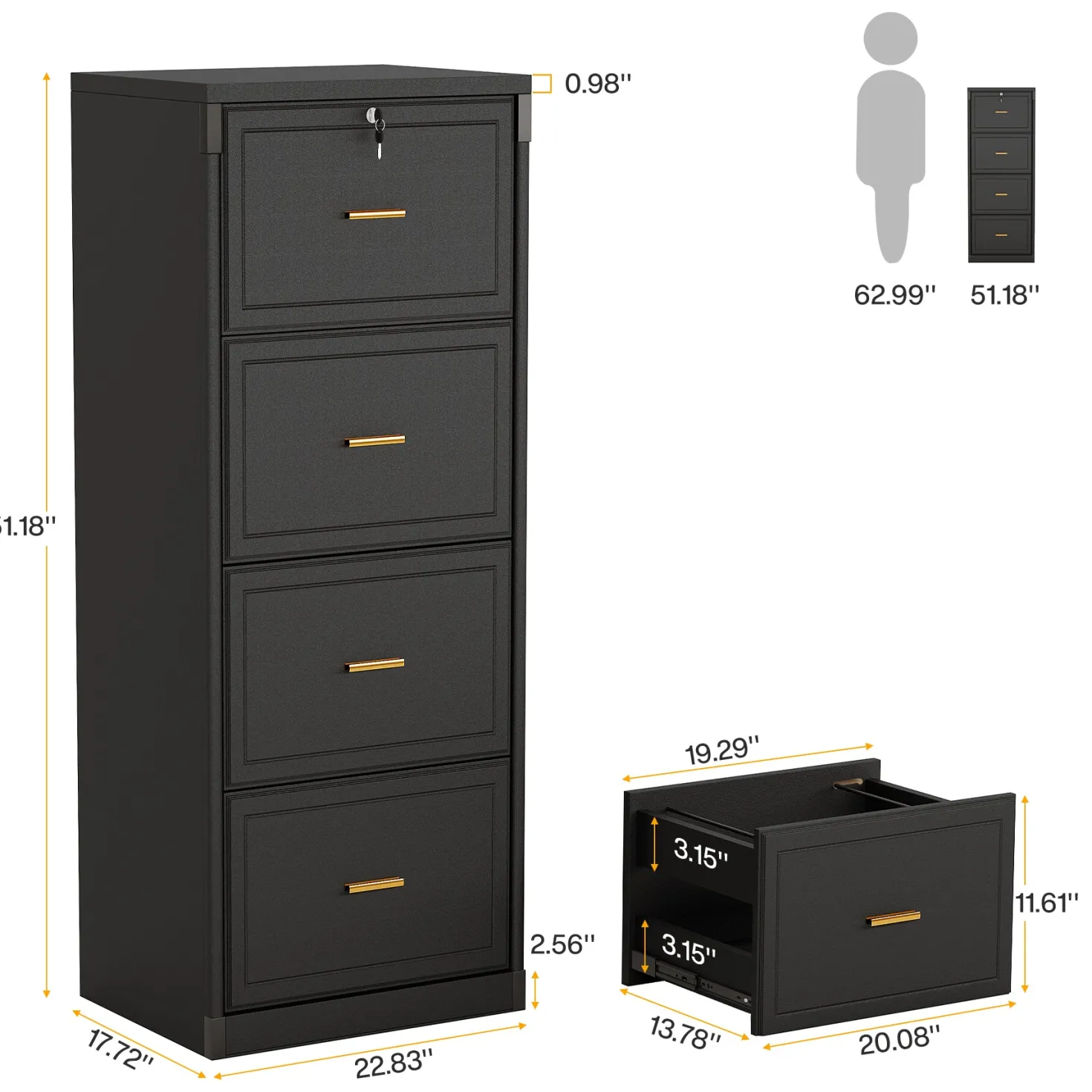 51" File Cabinet, Vertical Filing Cabinet with 4 Storage Drawers