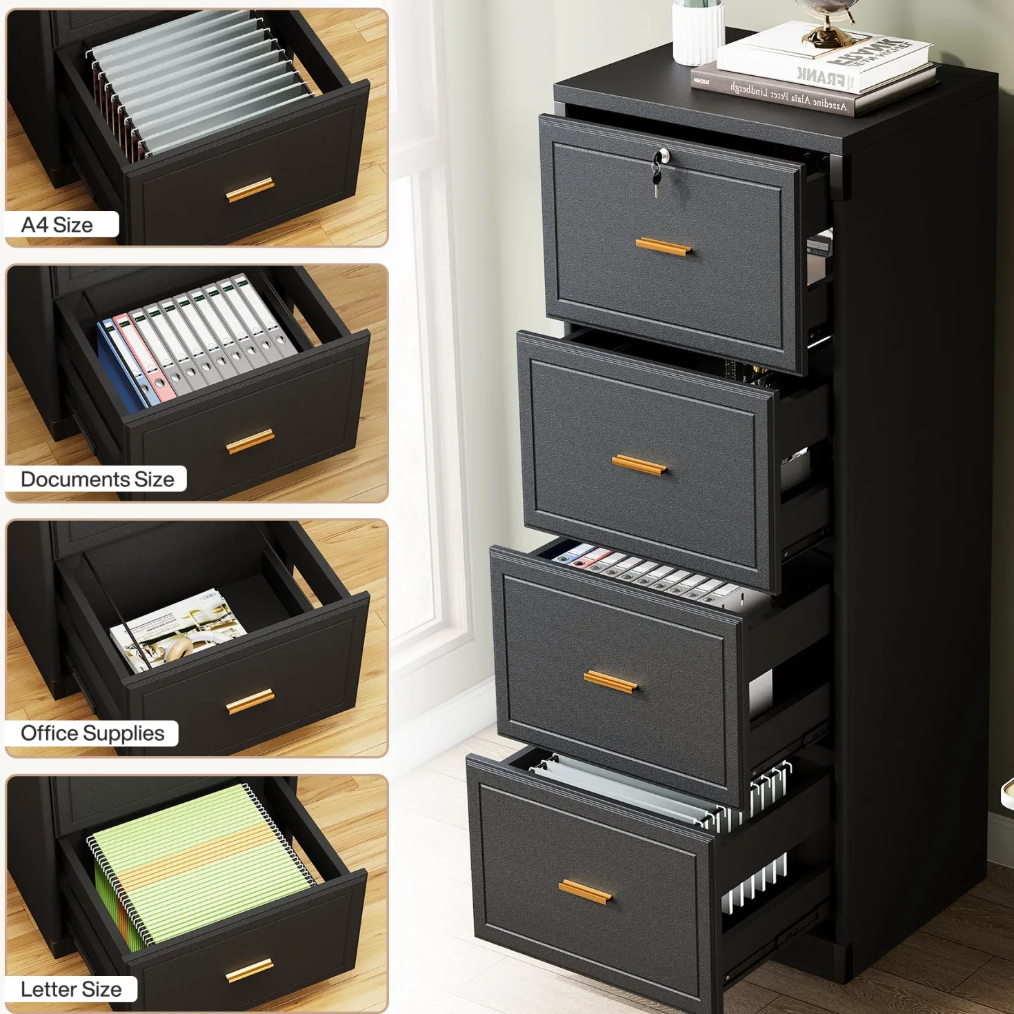 51" File Cabinet, Vertical Filing Cabinet with 4 Storage Drawers