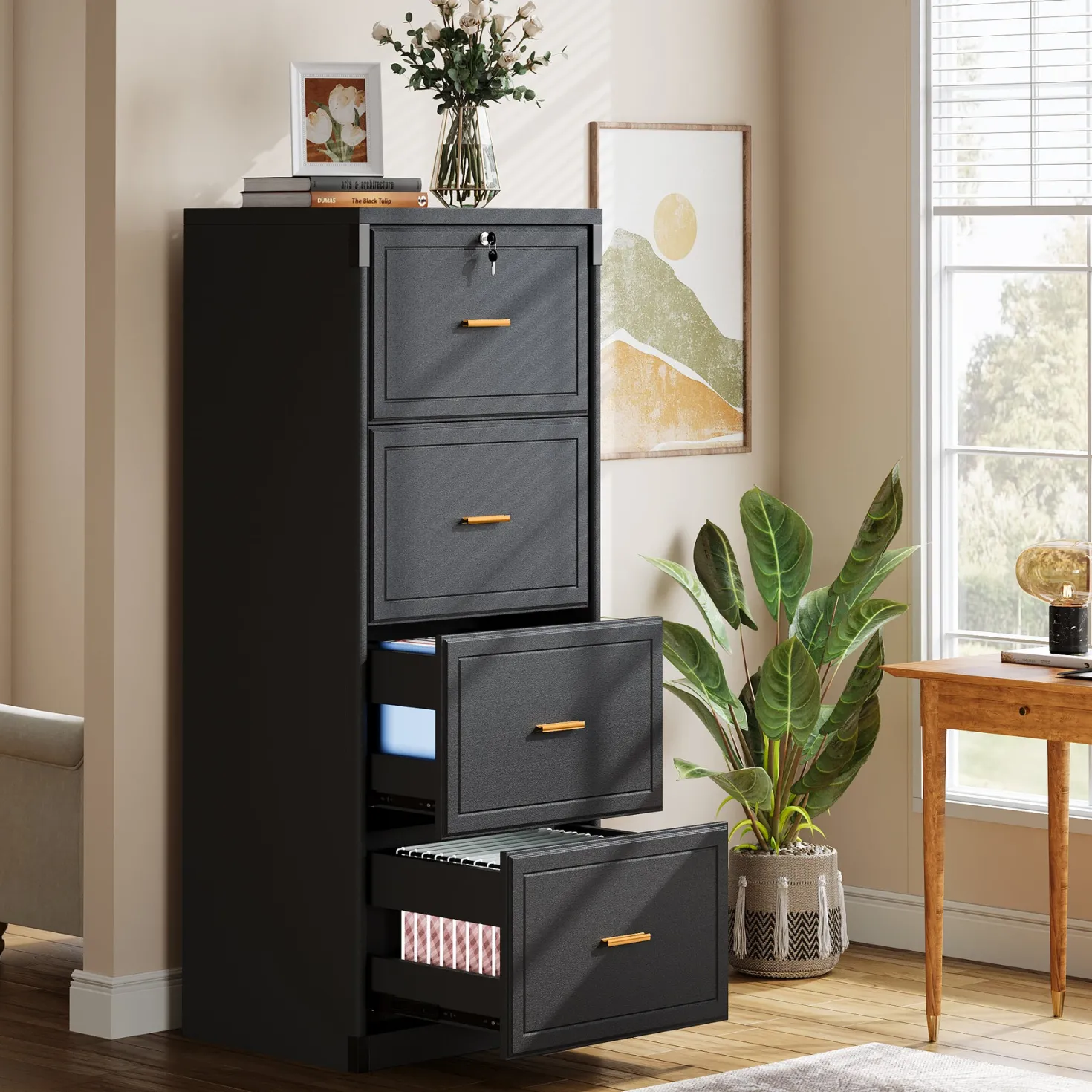 51" File Cabinet, Vertical Filing Cabinet with 4 Storage Drawers