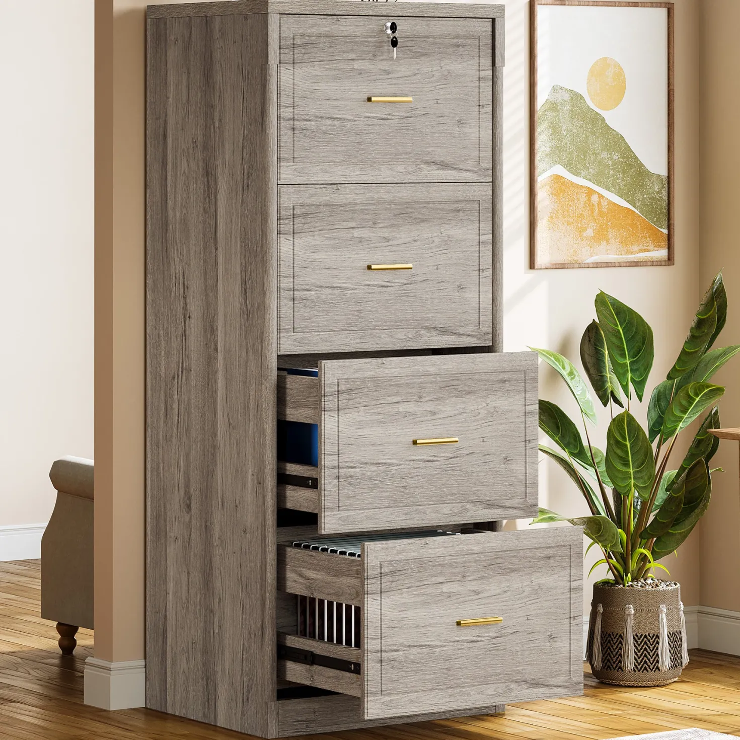 51" File Cabinet, Vertical Filing Cabinet with 4 Storage Drawers