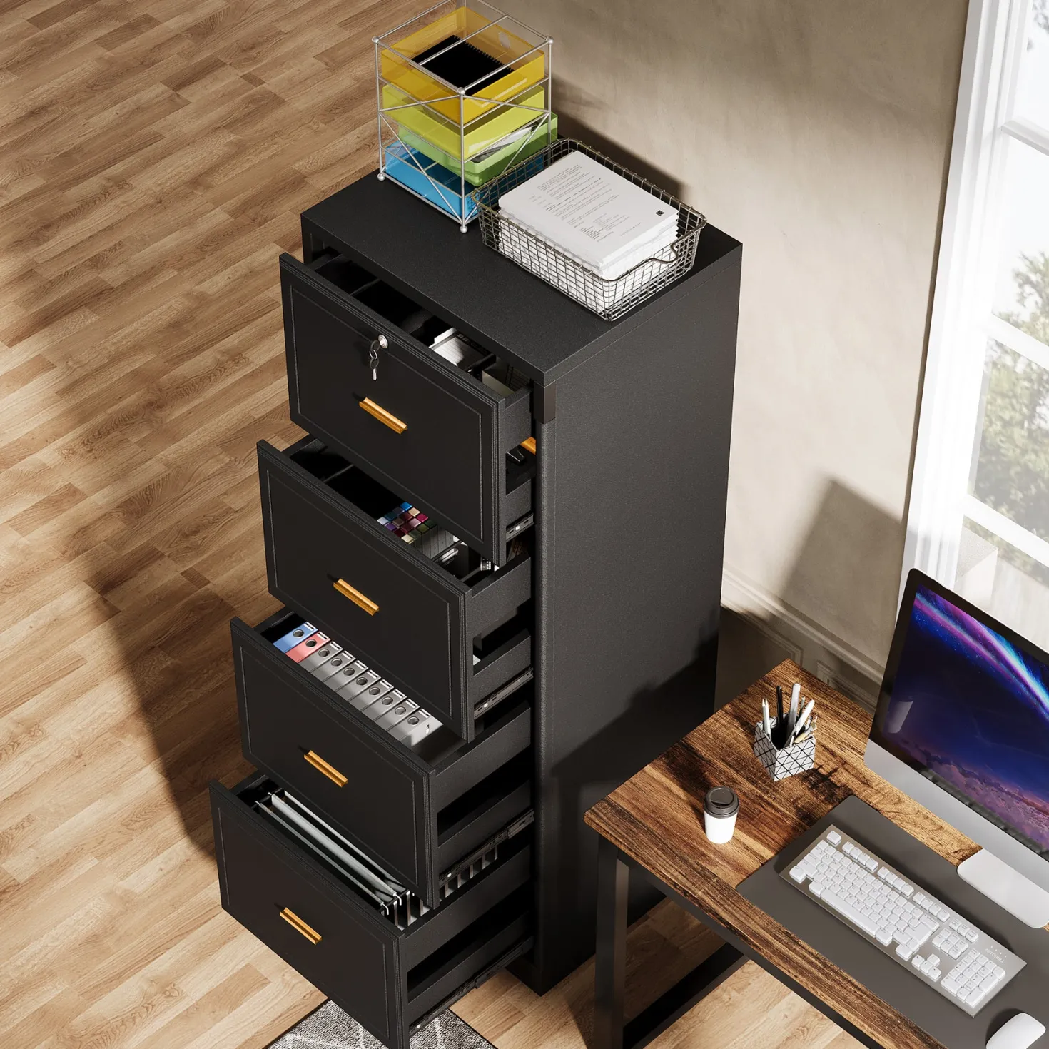 51" File Cabinet, Vertical Filing Cabinet with 4 Storage Drawers