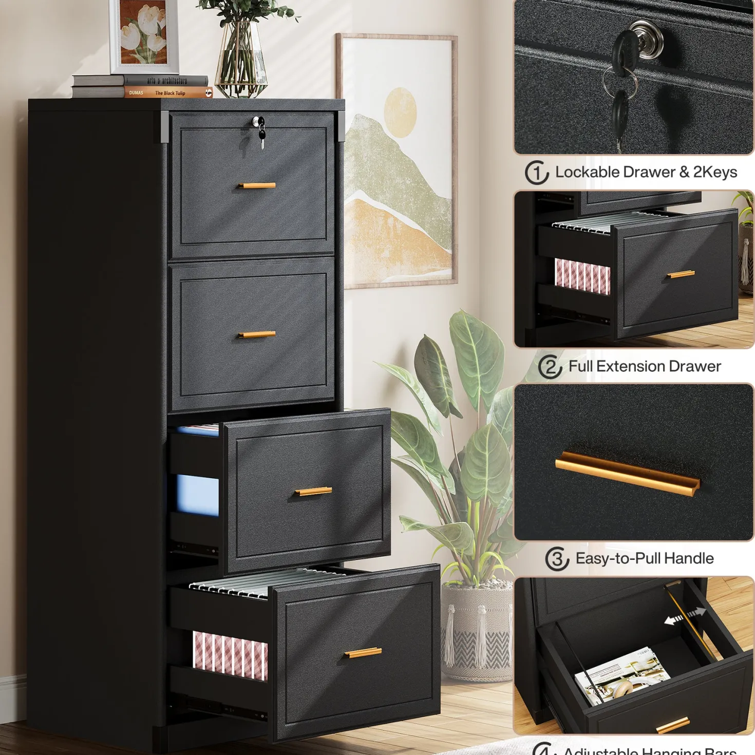 51" File Cabinet, Vertical Filing Cabinet with 4 Storage Drawers