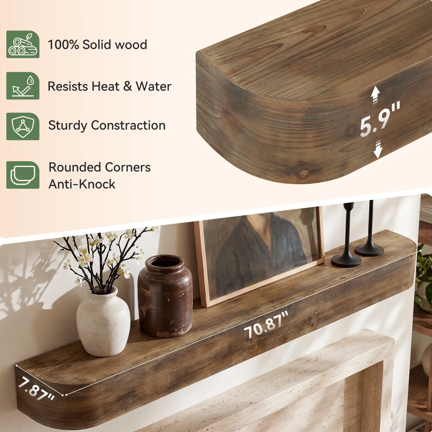 71" Fireplace Mantel, Solid Wood Floating Shelf, Wall Mounted Mantel for Over Fireplace