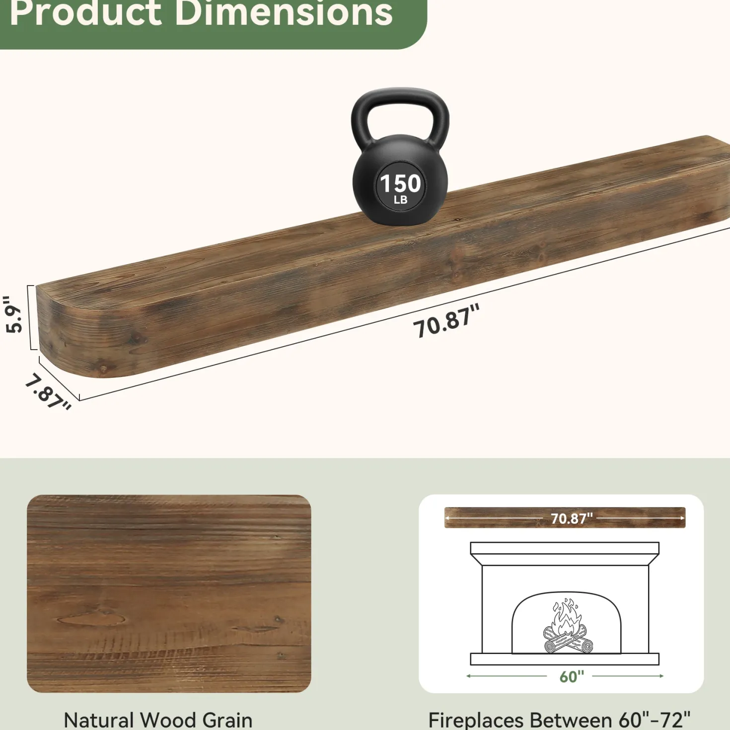 71" Fireplace Mantel, Solid Wood Floating Shelf, Wall Mounted Mantel for Over Fireplace