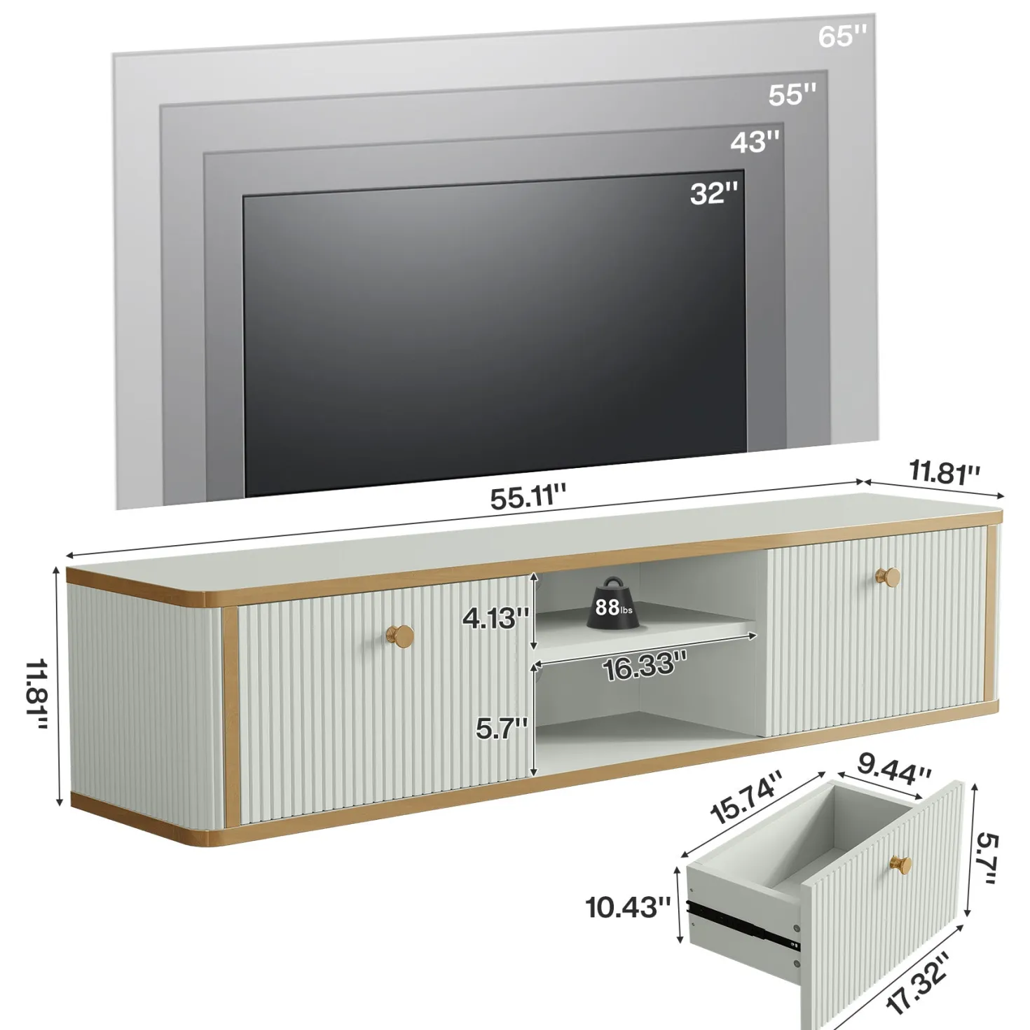 55" Floating TV Stand with 2 Drawers, Wall Mounted Entertainment Center for Living Room