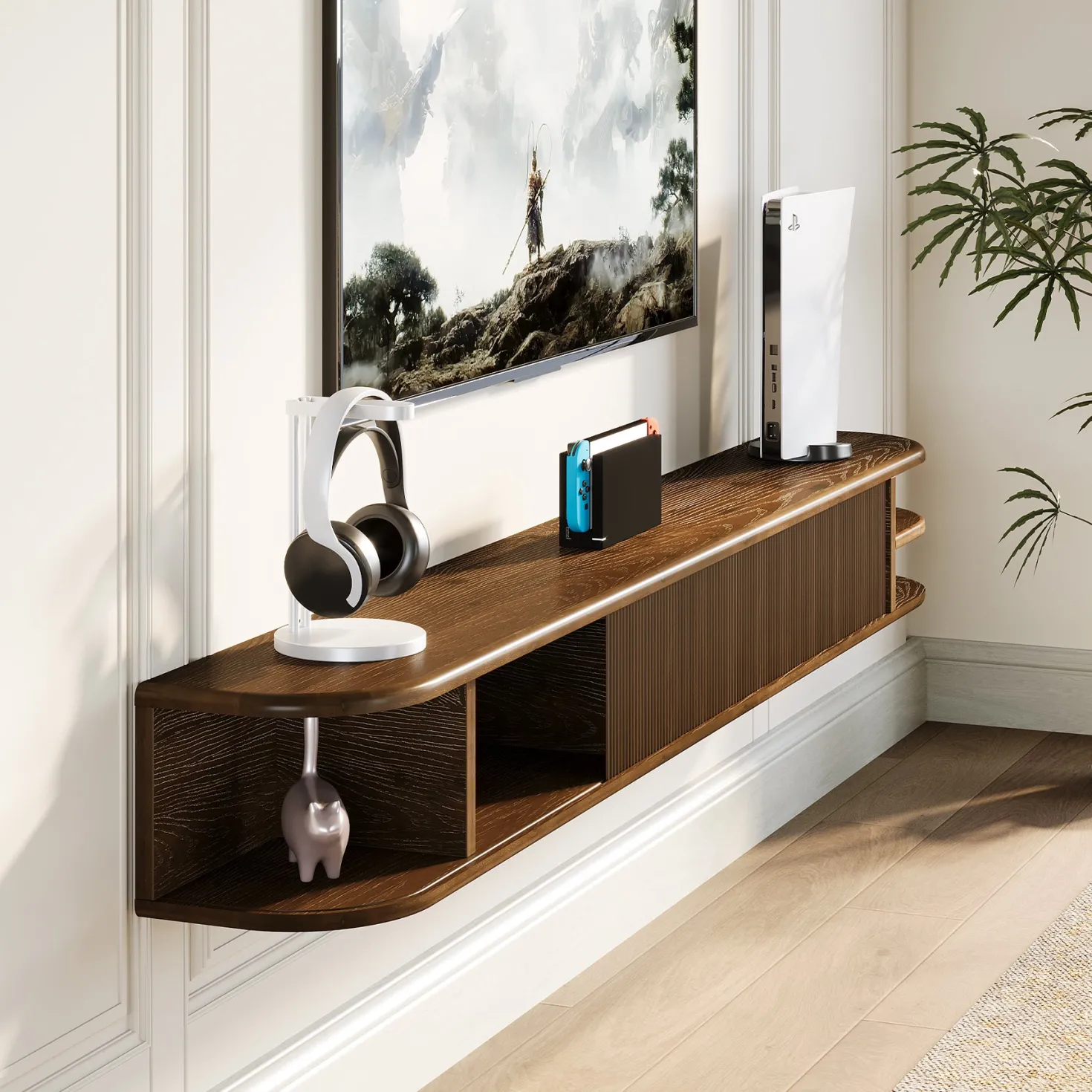 71" Floating TV Stand with Fluted Doors, Solid Wood Media Console with Cable Management for 50-90" TVs