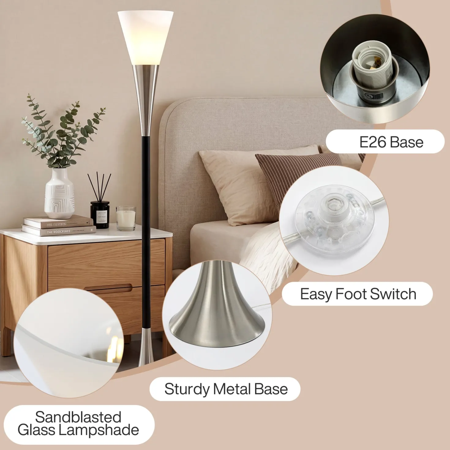 72.8" Floor Lamp with Sandblasted Glass Lampshade & Foot Pedal Switch