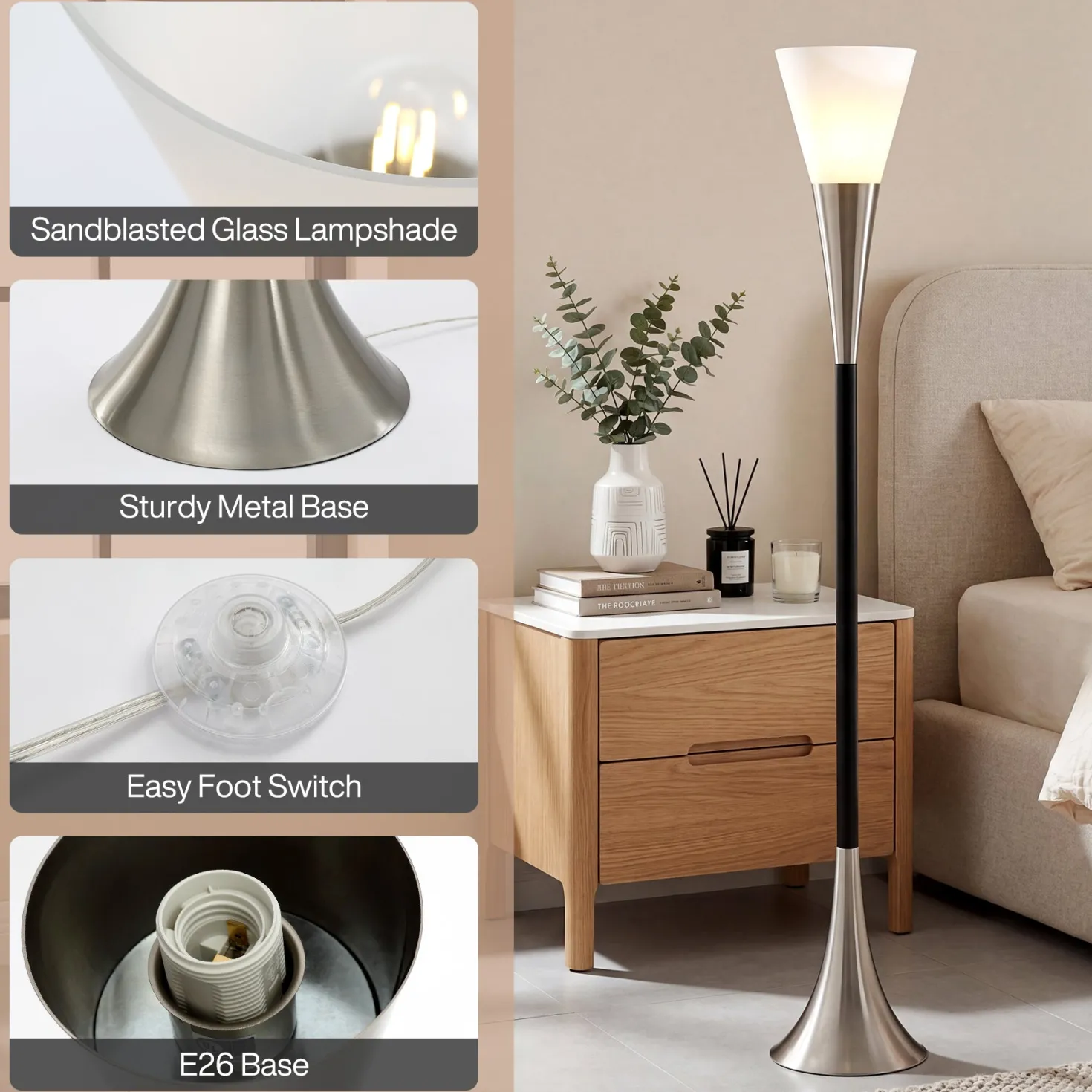72.8" Floor Lamp with Sandblasted Glass Lampshade & Foot Pedal Switch